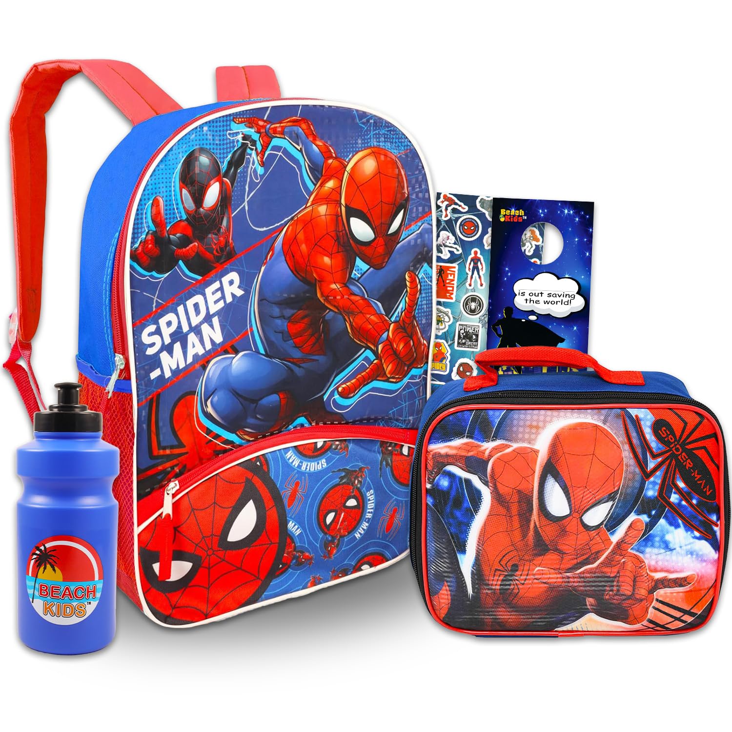 'Marvel Spiderman Backpack with Lunch Box - 5 Pc School Supplies Bundle of 16'' Bag for Kids, Lunch Bag, Water Bottle, More'