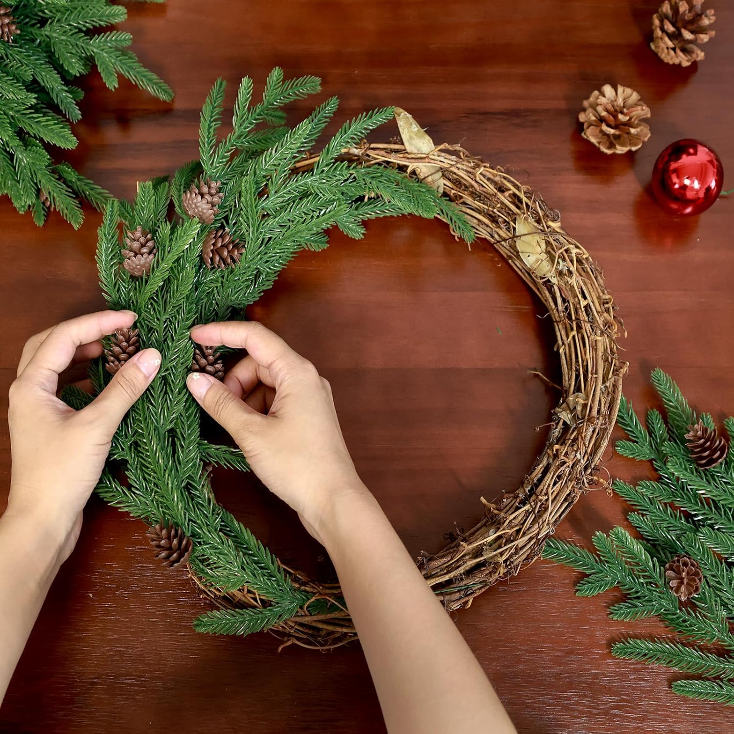 24 PCS Christmas Norfolk Pine Stems, Fake Pine Stems with Small Pinecones, 18 Inch Faux Evergreen Real Touch Greenery, Christmas Branches for Wreaths Outdoor Indoor DIY Crafts Xmas Decorations