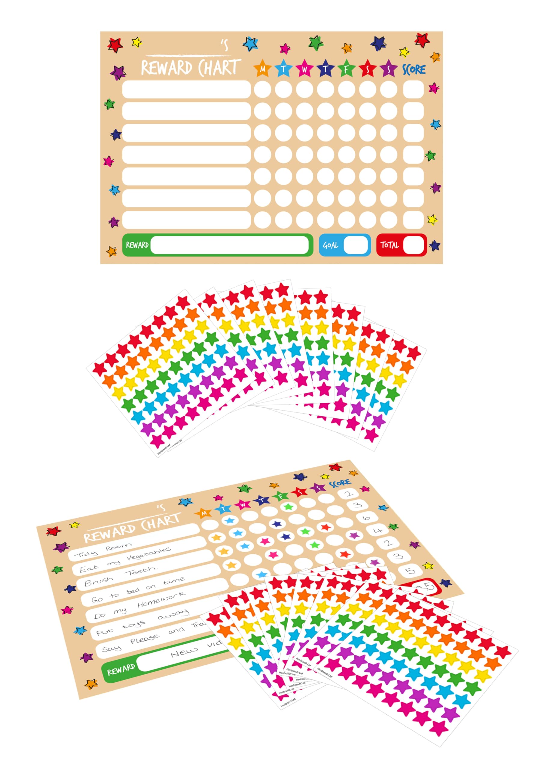 Henbrandt 3 Packs of Children’s A4 Reward Chart with Colourful Star Stickers - Each Pack Includes 8 Charts with 8 Sheets of Stickers - Positive Motivation for Chores + Good Behaviour