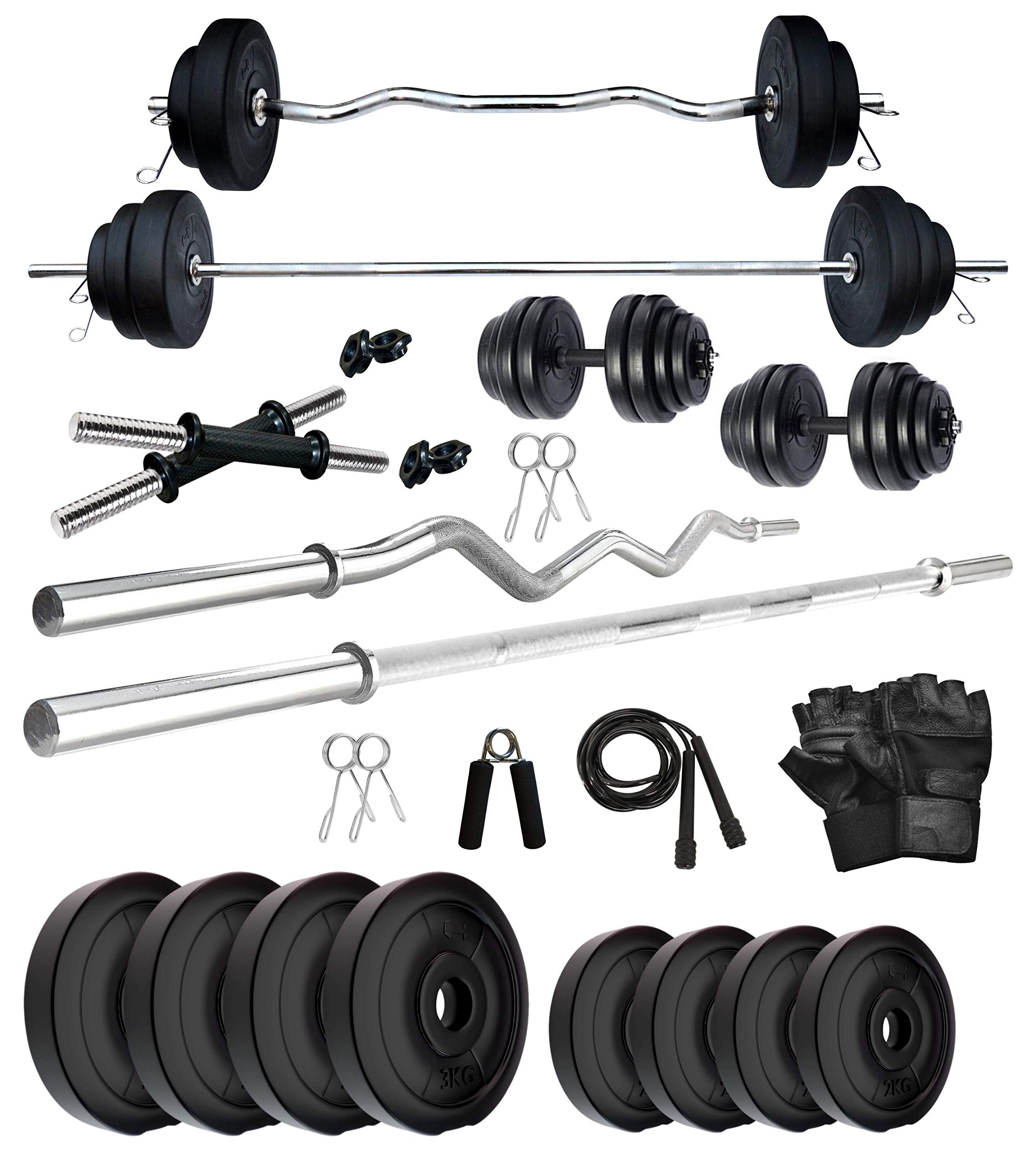 Kore PVC 20 Kg COMBO2-WB with One 5 Ft Plain + One 3 Ft Curl Rod and One Pair Dumbbell Rods with Gym Accessories Home Gym Set, Multicolor