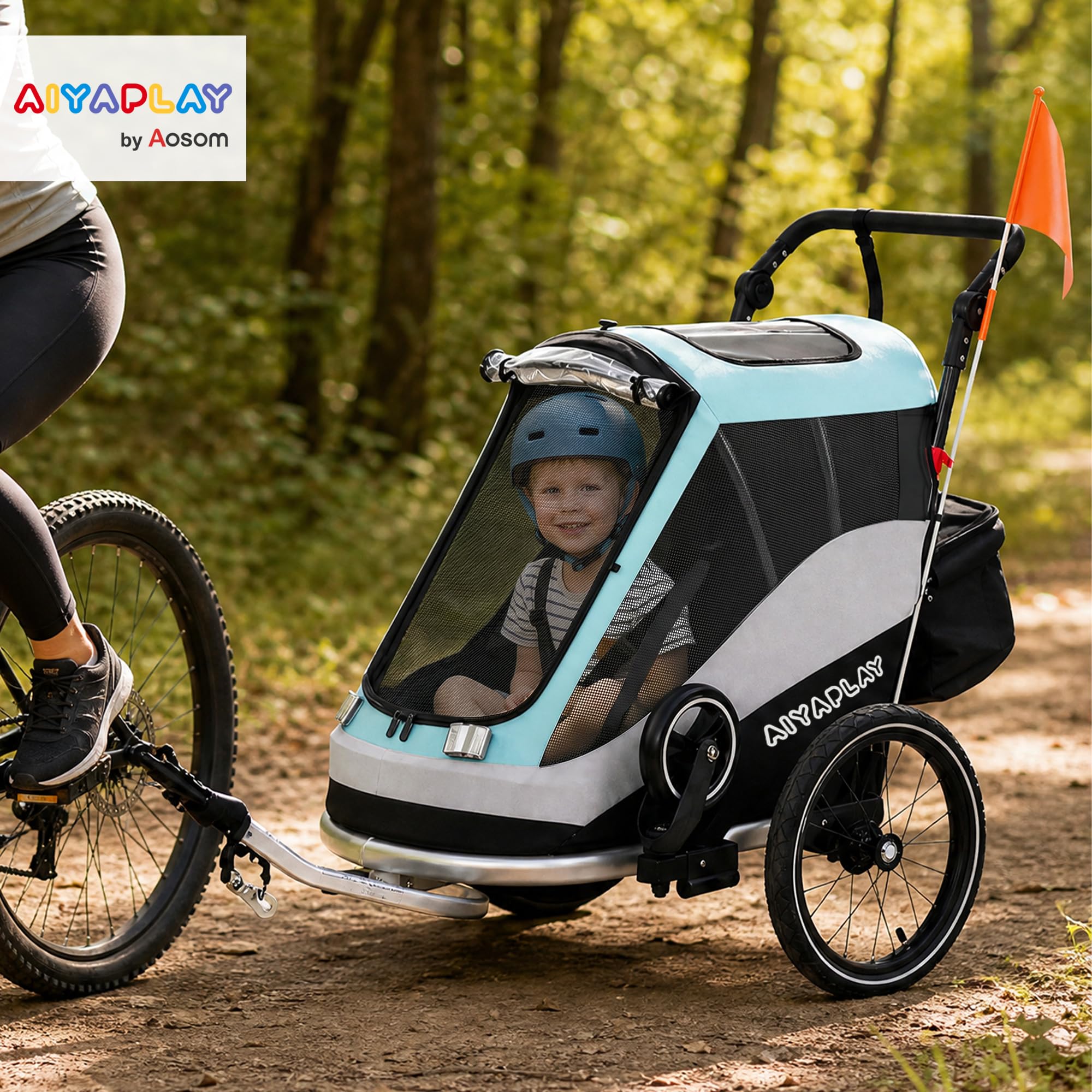 AIYAPLAY Rimorchio per bicicletta e passeggino pieghevole 2 in 1, con cintura a 5 punti, catarifrangenti, pneumatici da 16 pollici, freno, vano portaoggetti, per bambini a partire dai 12 mesi, massimo