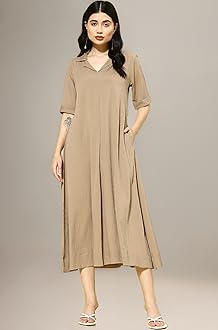 Varanga Women Beige Shirt Collar A-Line Dress – Stylish Calf Length Short Sleeves Dress for Comfortable Everyday Wear, Women Kurtis Latest Fashion