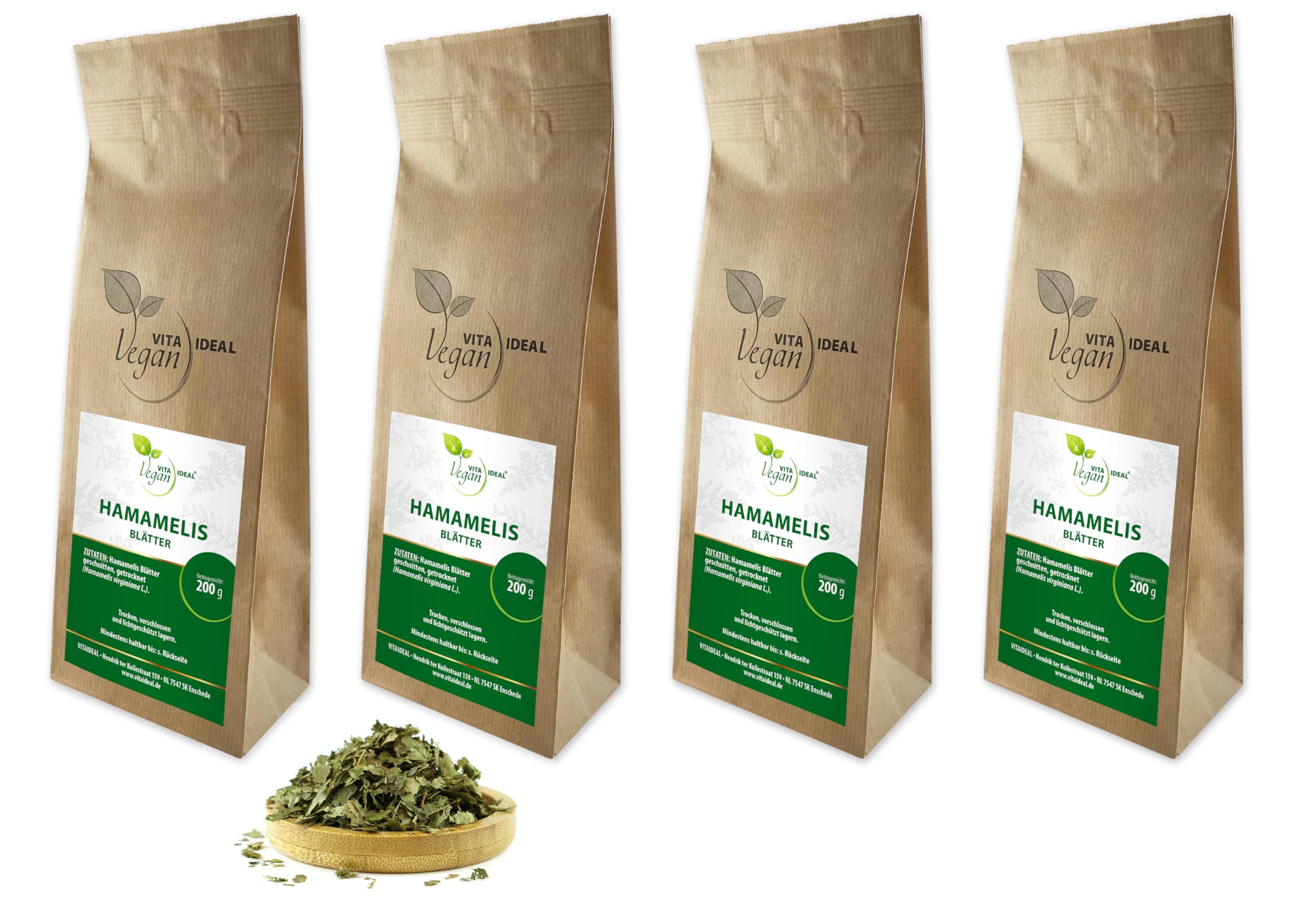 VITA IDEAL Vegan® HAMAMELIS - Blätter 4x 200g geschnitten & getrocknet - Hamamelidaceae - HAMAMELISBLÄTTER - Zaubernuss Kräuter Tee & Aufguss - Natürlich, pflanzlich & ohne Zusatzstoffe.