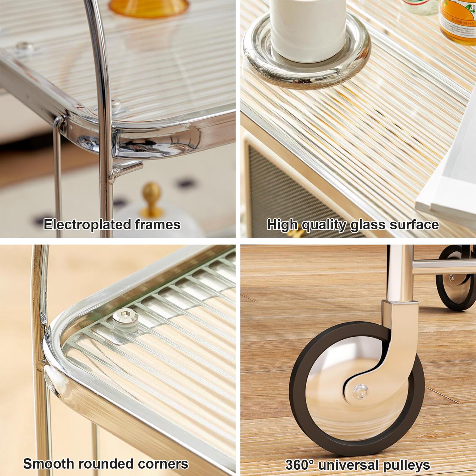 Moderno carrito de bar rodante con parte superior de cristal y marco de acero inoxidable, carrito de servir plegable de 2 niveles con ruedas para cocina o comedor, carrito de almacenamiento móvil para