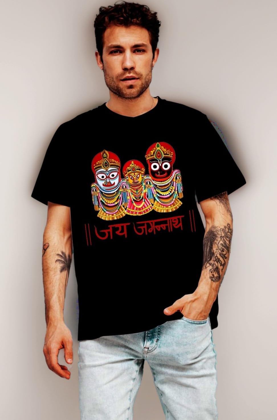 Anukriti Stylescape Jai Ho Jagannath T-Shirt for Men – Devotional Tee – Comfortable Round Neck, Breathable Clothing for Casual Wear & Festival Celebrations (Alpha, Large, Regular Fit, Black)