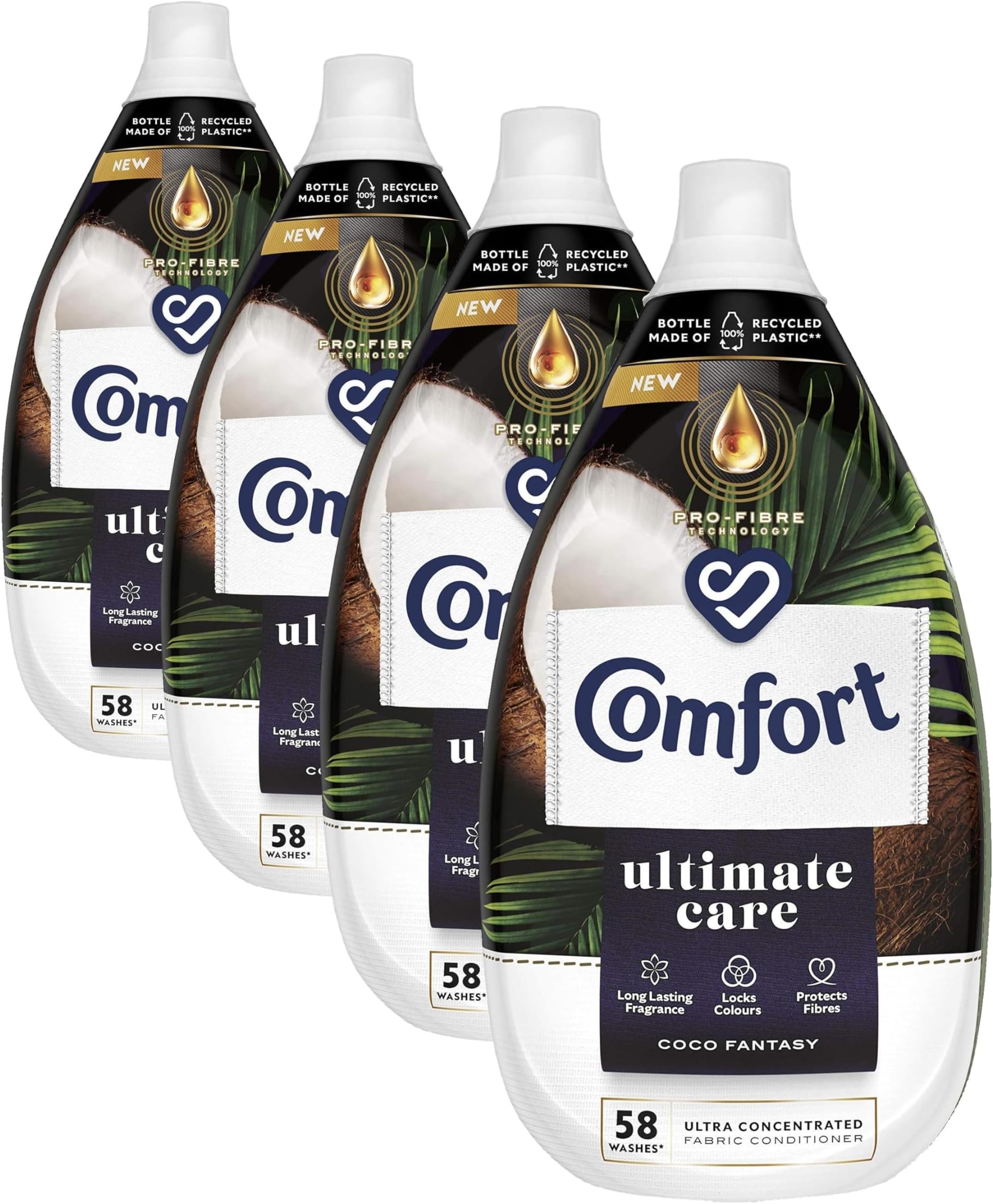 Comfort Ultimate Care Coco Fantasy Ultra-Concentrated Fabric Conditioner bottle made of 100% recycled plastic* for complete clothes protection 58 Wash 870 ml (Pack of 4)