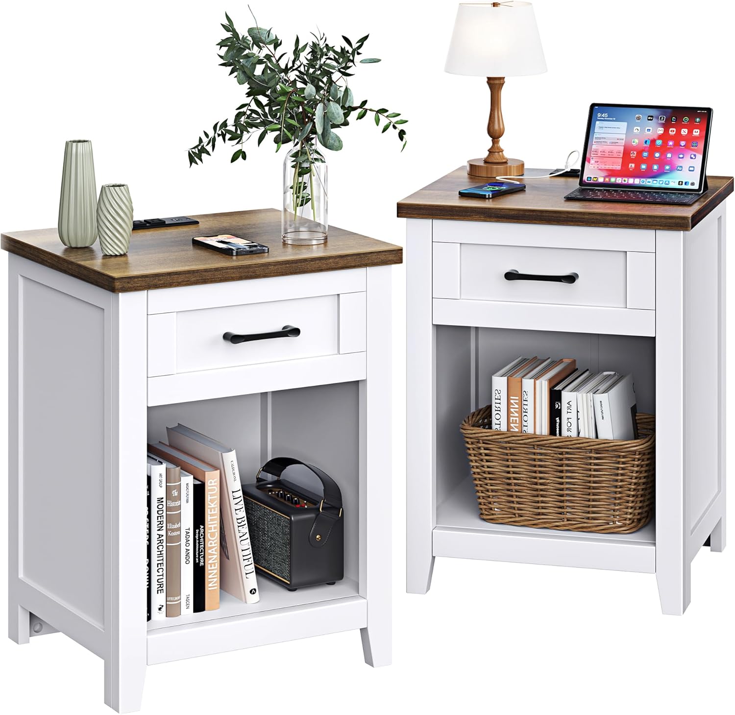 Farmhouse Nightstand with Charging Station & Large Storage, Set of 2 Modern End Tables with Outlets, USB Ports and Type-C Ports, Easy Assembly for Bedroom (Pure White + Walnut)