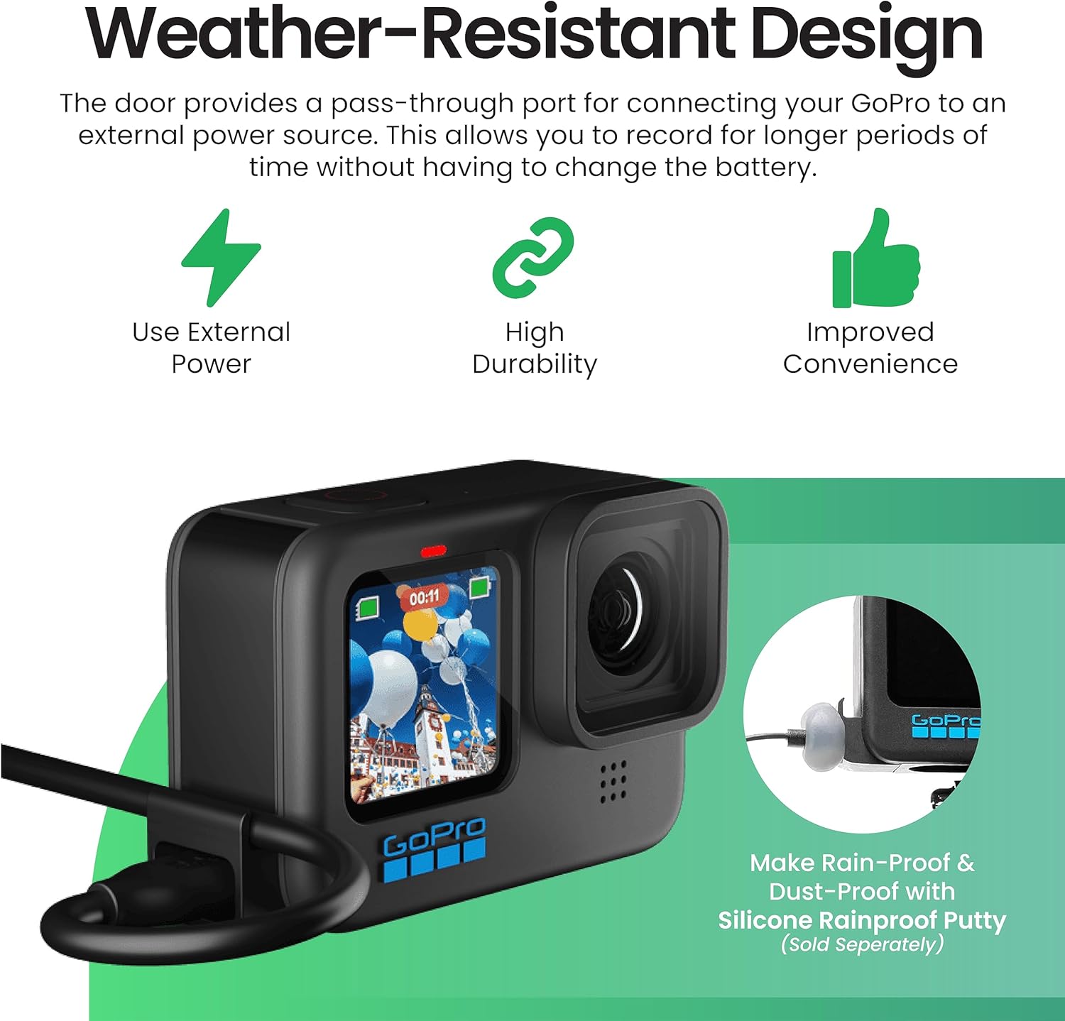 YOLOtek Veteran Owned - Pass-Through Door for GoPro Hero 13, 12, 11, 10, 9 - Conveniently Access External Power with USB-C Cable - Weather-Resistant GoPro Accessories