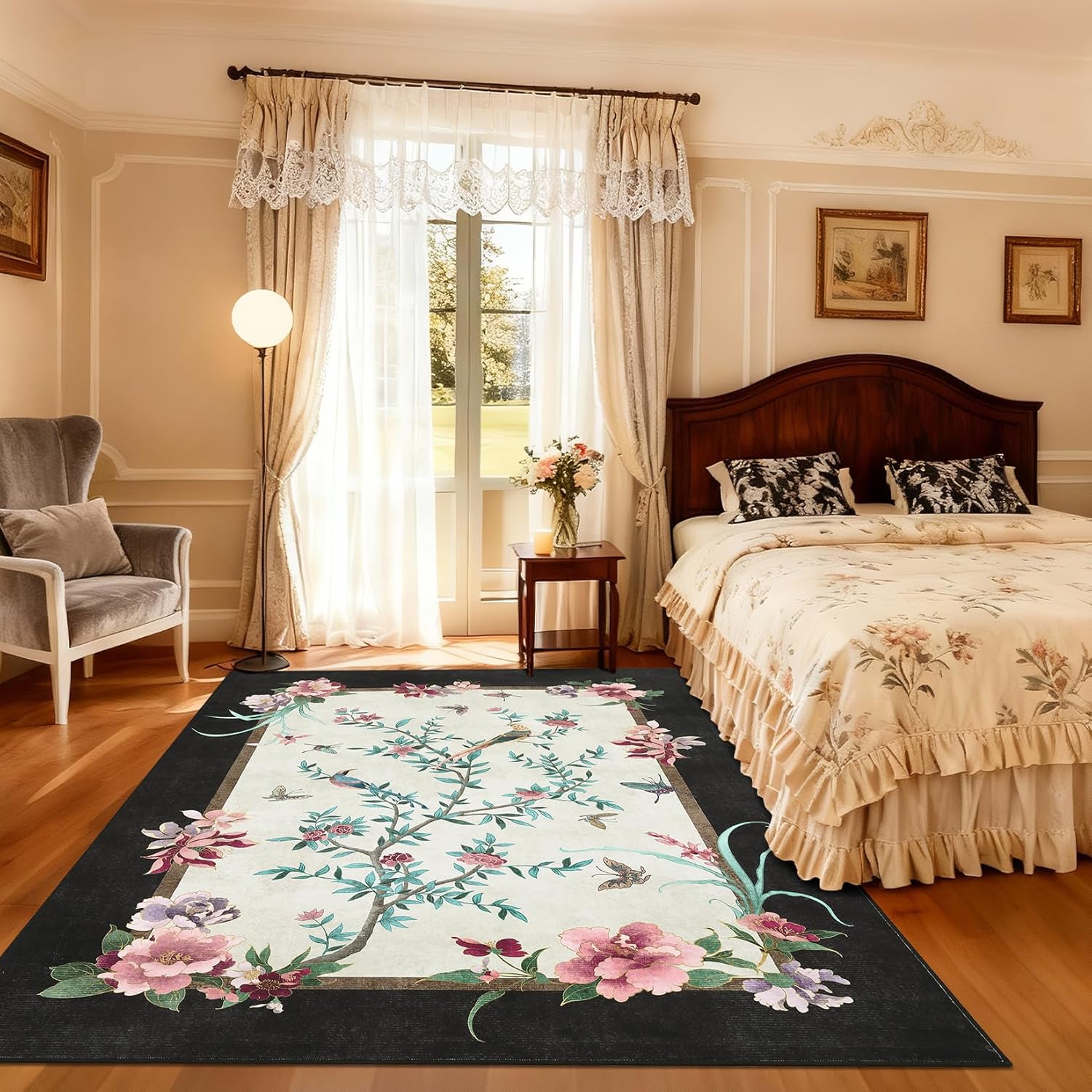 GarveeHome 6x9 Area Rugs Chinoiserie-Style Washable Rug 6x9 Oriental Colorful Butterfly Birds Floral Rug Non Slip Low Pile for Kids Living Room Bedroom Nursery Dining, Black