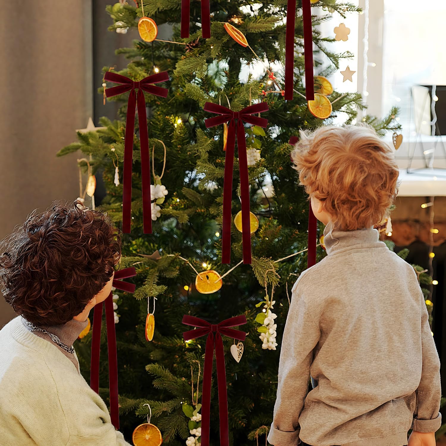 6Pcs Velvet Ribbon Bows - 8 x 20 Inch Extra Large Christmas Tree Bow with Long Tail for Xmas Tree, Wreath, Garland, Fireplace,Staircase, Door, Window, Cabinet, Wedding Home Decoration (6, Burgundy) - Image 6