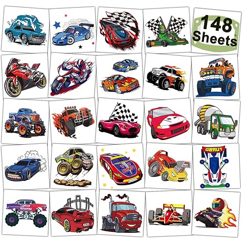 148 tatuajes temporales de autos de carreras y camión monstruo para niños, tatuajes individuales de automóvil GoKart para niños, regalos de fiesta