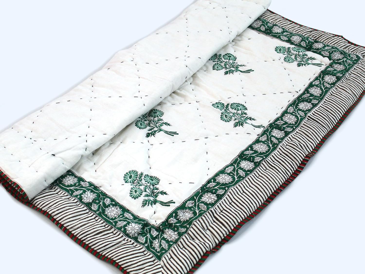 Aashita Creations Toddler Hand Work Kantha Cotton Baby Quilt, Bedspread Throw Floral Printed Baby Quilt_1136