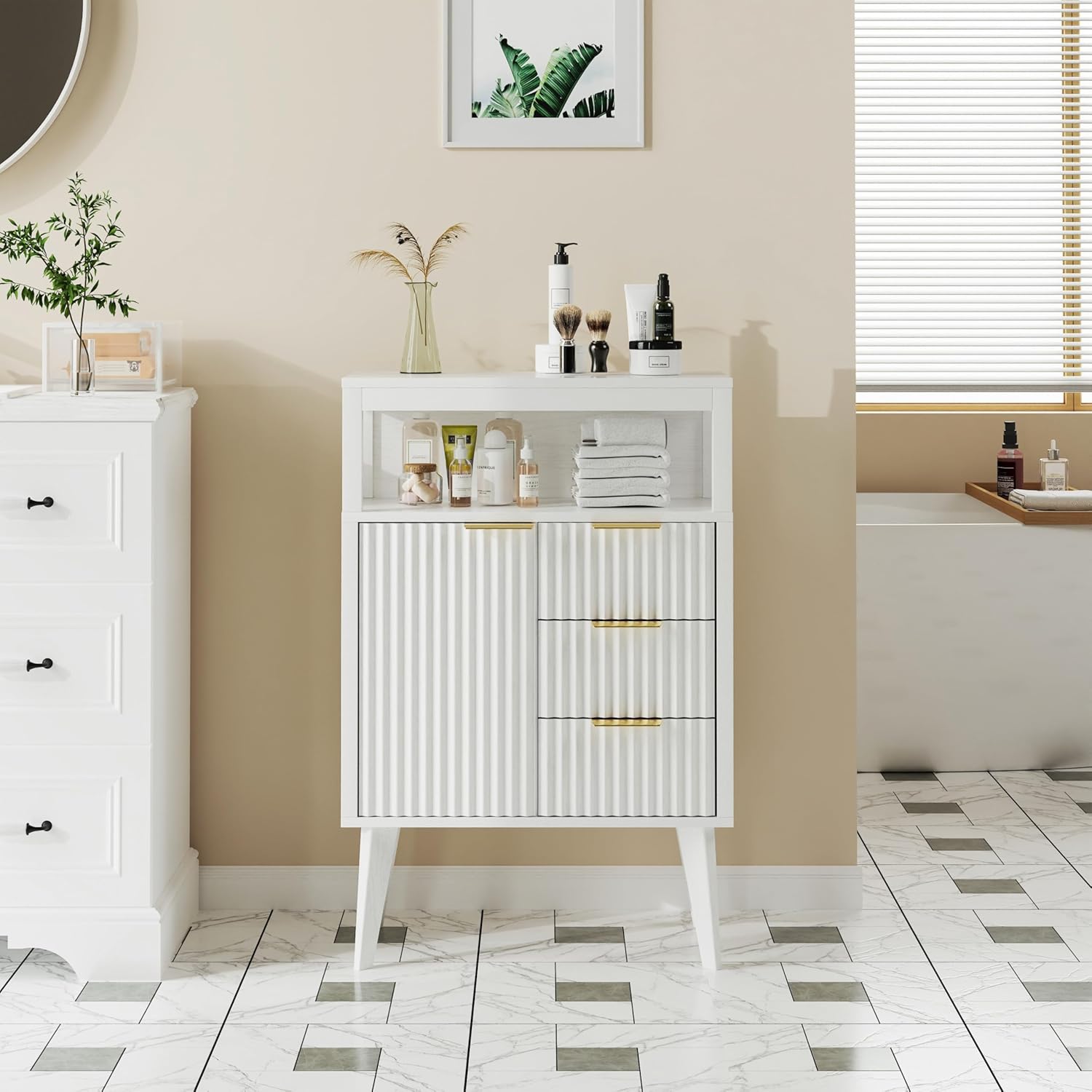 YUJSBHJAN White Bathroom Floor Cabinet with 3 Fluted Drawers & Door, Modern Storage Sideboard with Open Shelf, Coffee Bar Station for Living Room, Entryway, 23.6 x 11.8 x 34.6 Inches