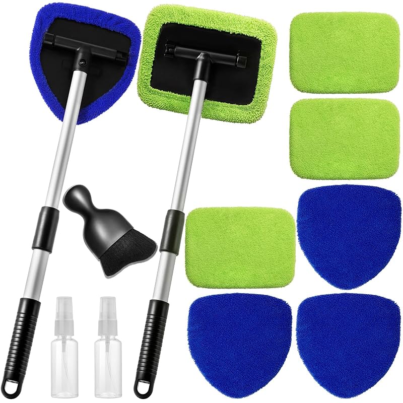 Kit de Limpeza de Para-brisa e Vidros Automotivos Qydipclin com Cabos Extensíveis e Panos de Microfibra Azul e Verde, 11 peças