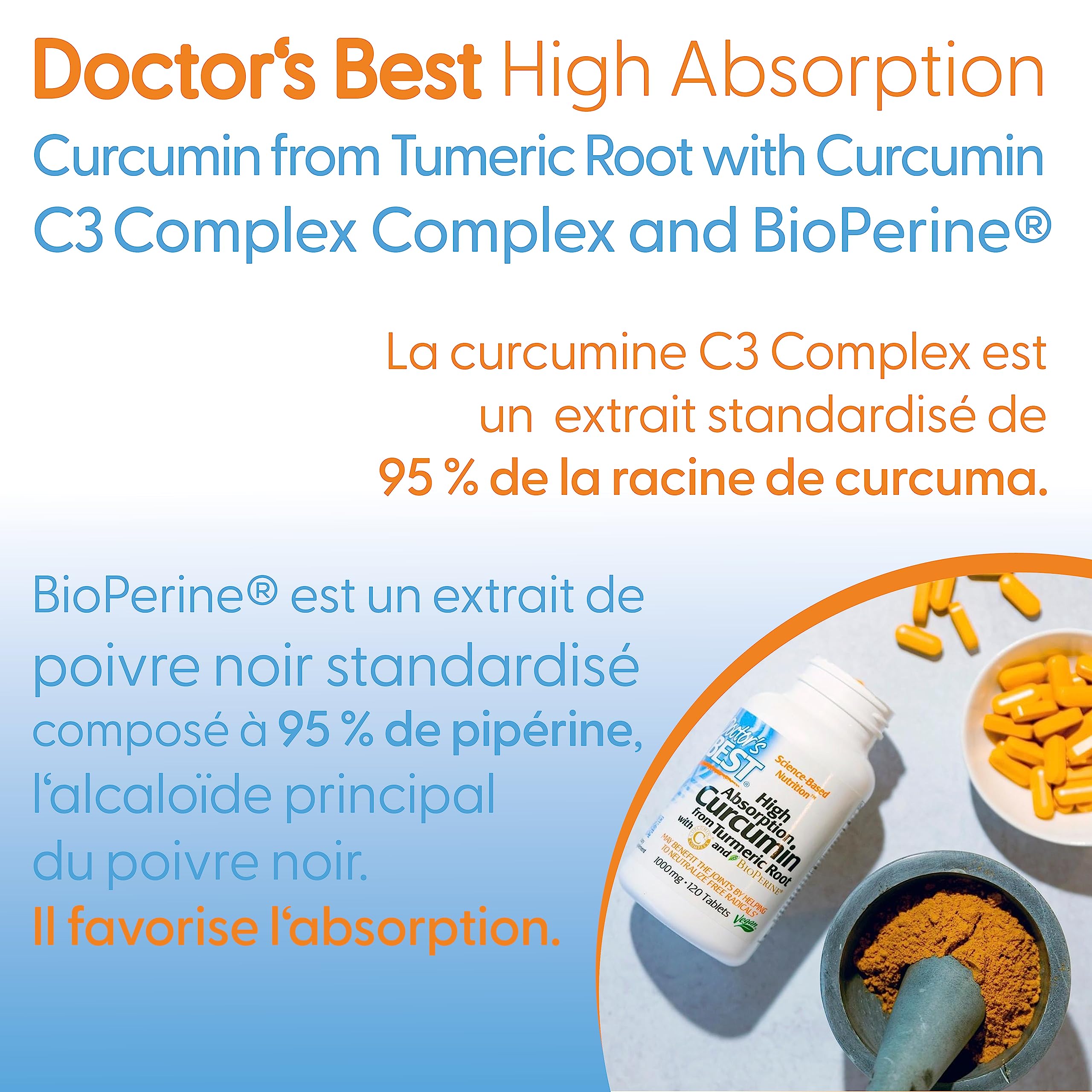 Doctor's Best, High Absorption Curcumin (Curcumina de Alta Absorción), 1.000mg, 120 Comprimidos veganos, Testados en Laboratorio, Cúrcuma, Sin Gluten, Sin Soja, Vegetariano