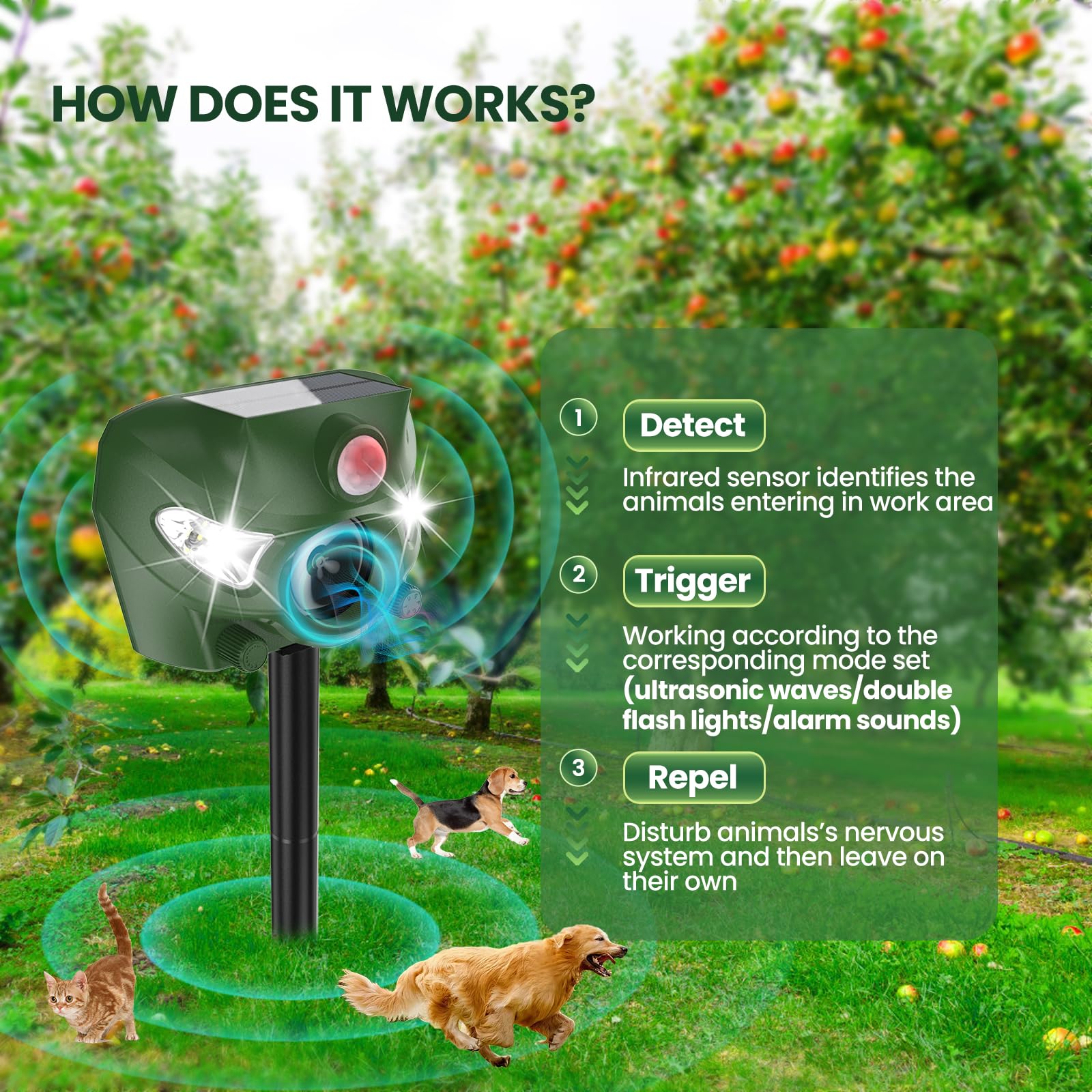 Repelente Gatos, 5 Modos Ahuyentador Gatos para Jardines, 26 Pies Ahuyentador Gatos con Alarma y Luces Intermitentes, para Perros, Ciervo, Zorro, Pájaro, Conejo, Ardilla