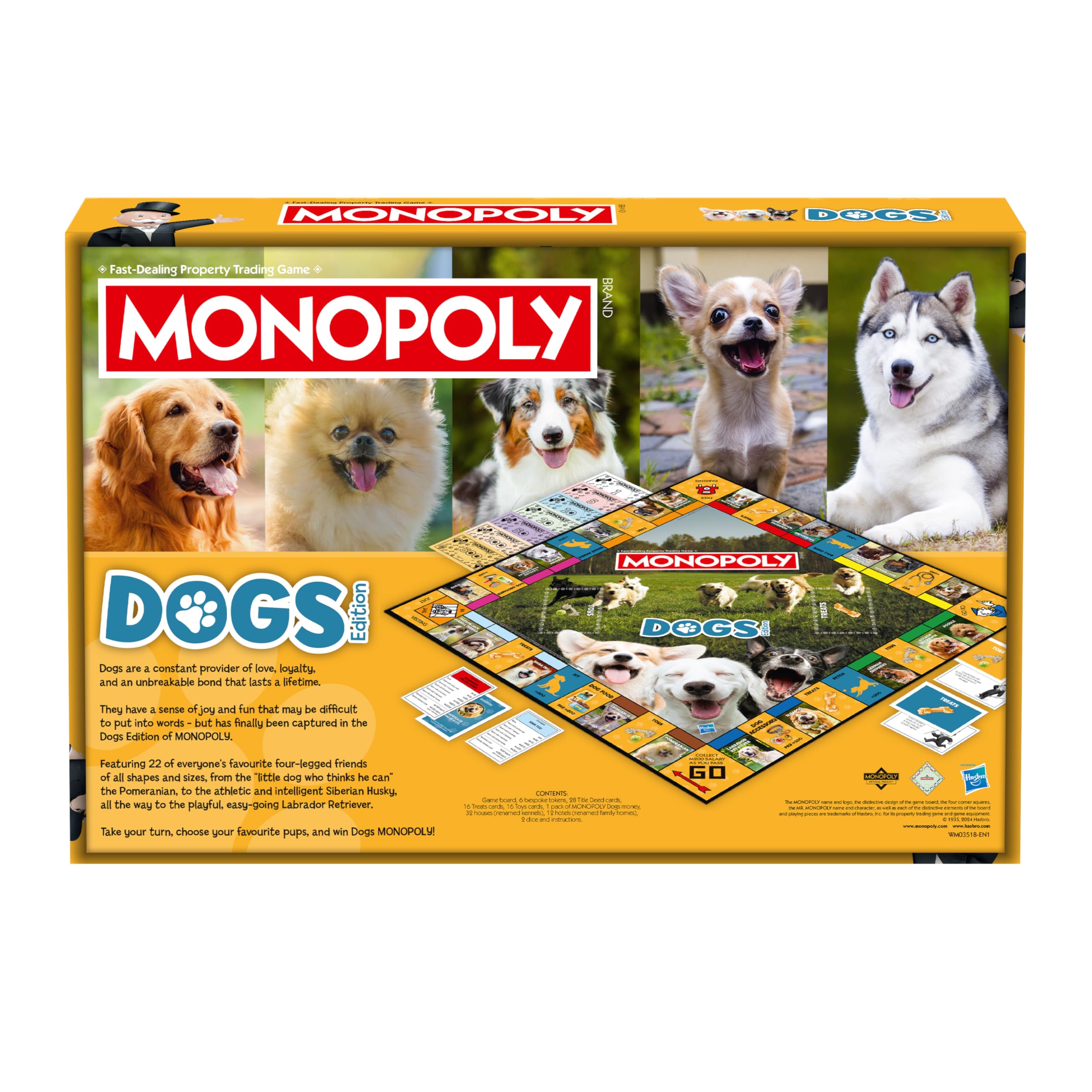Winning Moves Dogs Monopoly gra planszowa edycja angielska, baw się z ulubionymi psami z Pomeranian, Siberian Husky i Shiba Inu, zabawna rodzinna gra planszowa dla dzieci od 8 lat