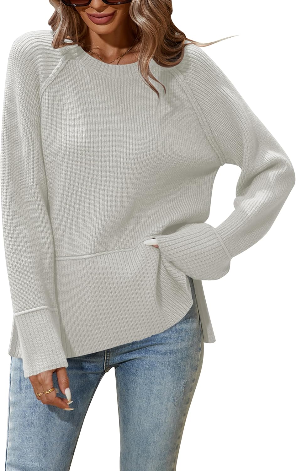 Cakulo Womens Oversized Sweaters Split 2025 Fall Knit Long Sleeve Crew Neck Ribbed Pullover Loose Cozy Soft Sweater