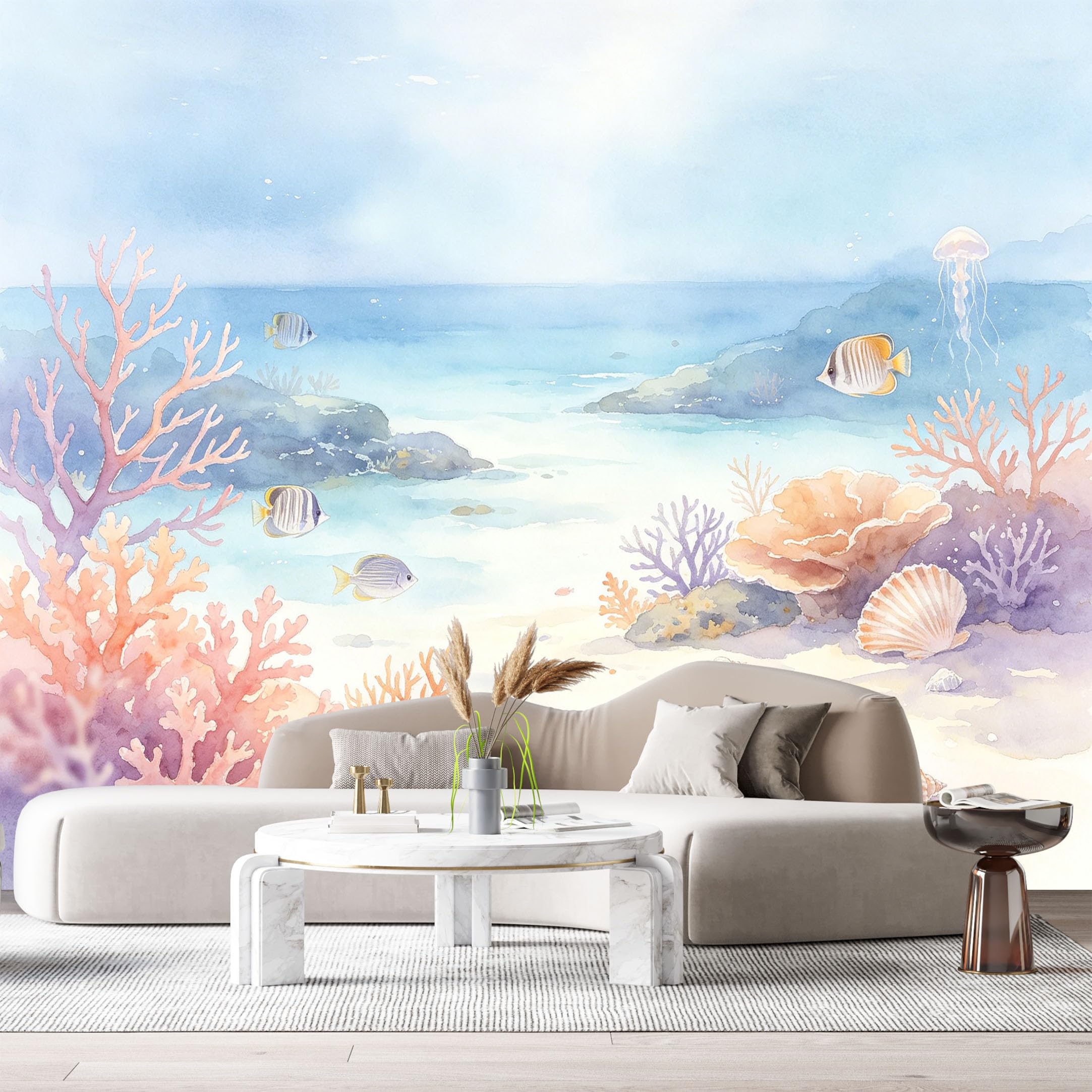 Custom Size Wall Murals Ocean Marine Watercolor Coral Reef Tropical Fish Seashells SelfAdhesiveWall Fabric Removable Wallpaper Wall Decor for Living Room Bedroom Bathroom