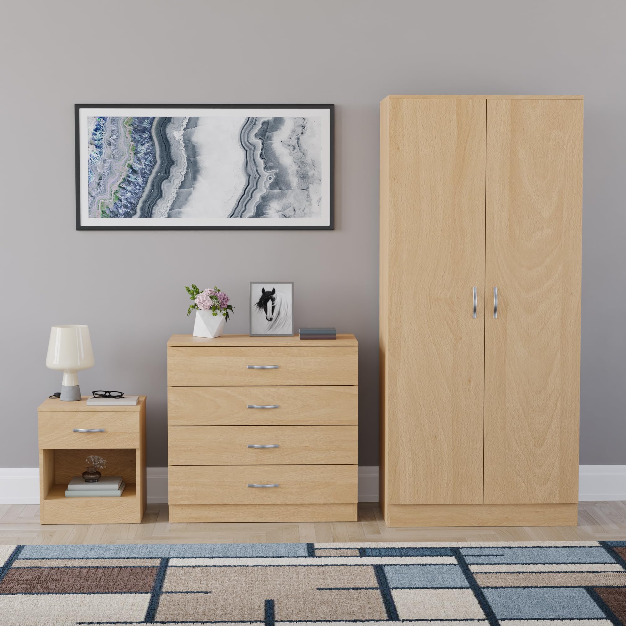 Vida Designs Riano 3 Piece Bedroom Furniture Set - 1 Drawer Bedside Chest, 4 Drawer Chest, 2 Door Wardrobe - Pine