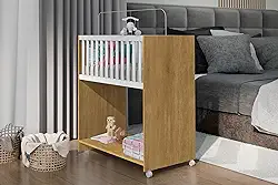 Mini Berço Portátil com Rodízios E Colçhao 2 em 1 + Mesa Infantil Multiuso com Prateleiras - Cores Variadas (Amadeirado)