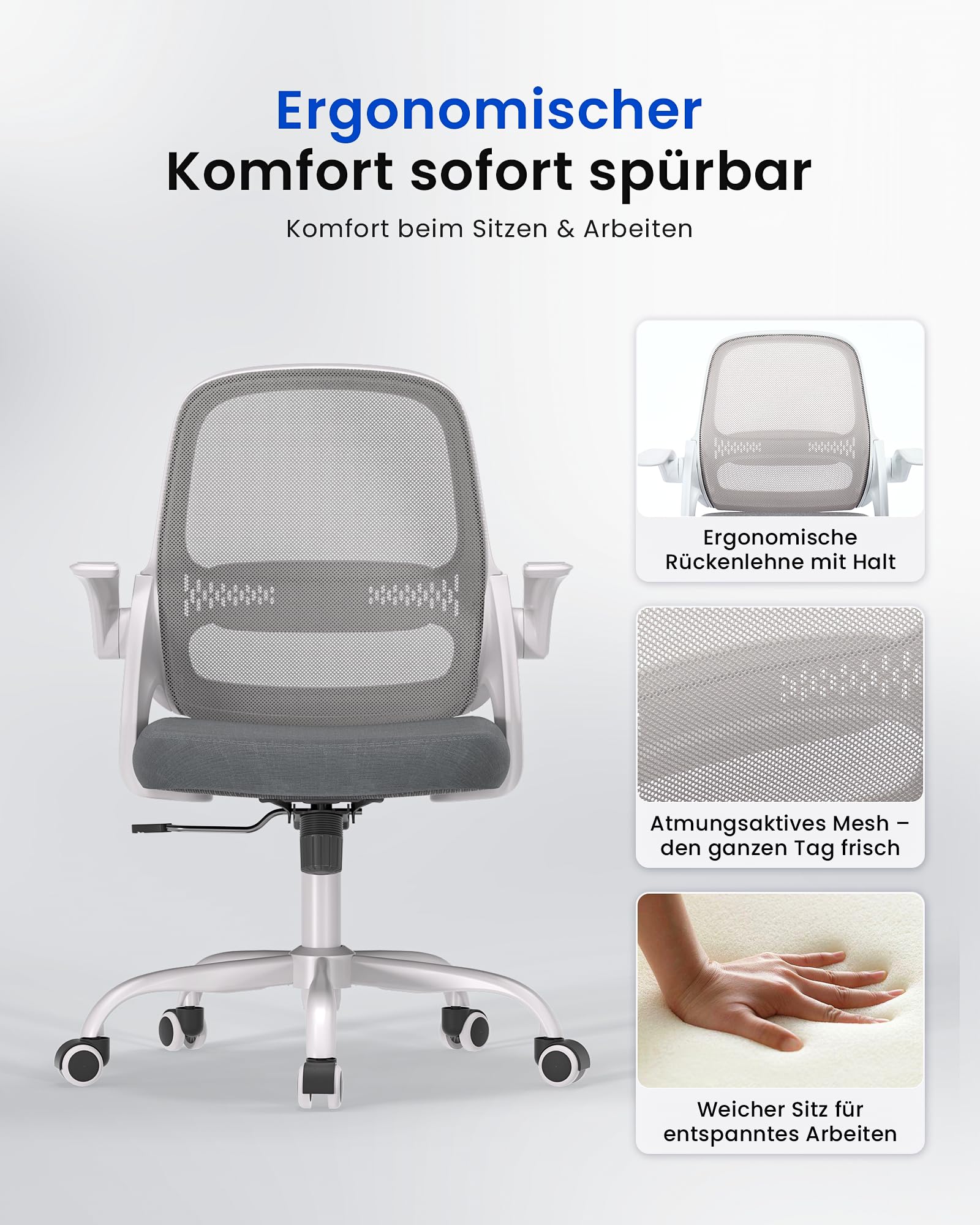LukkDys Bürostuhl Ergonomisch, Schreibtischstuhl mit klappbaren Armlehnen, Mesh Computerstuhl höhenverstellbar, Drehstuhl für Home Office, Kinder & Studenten, Büro Sessel, Grau