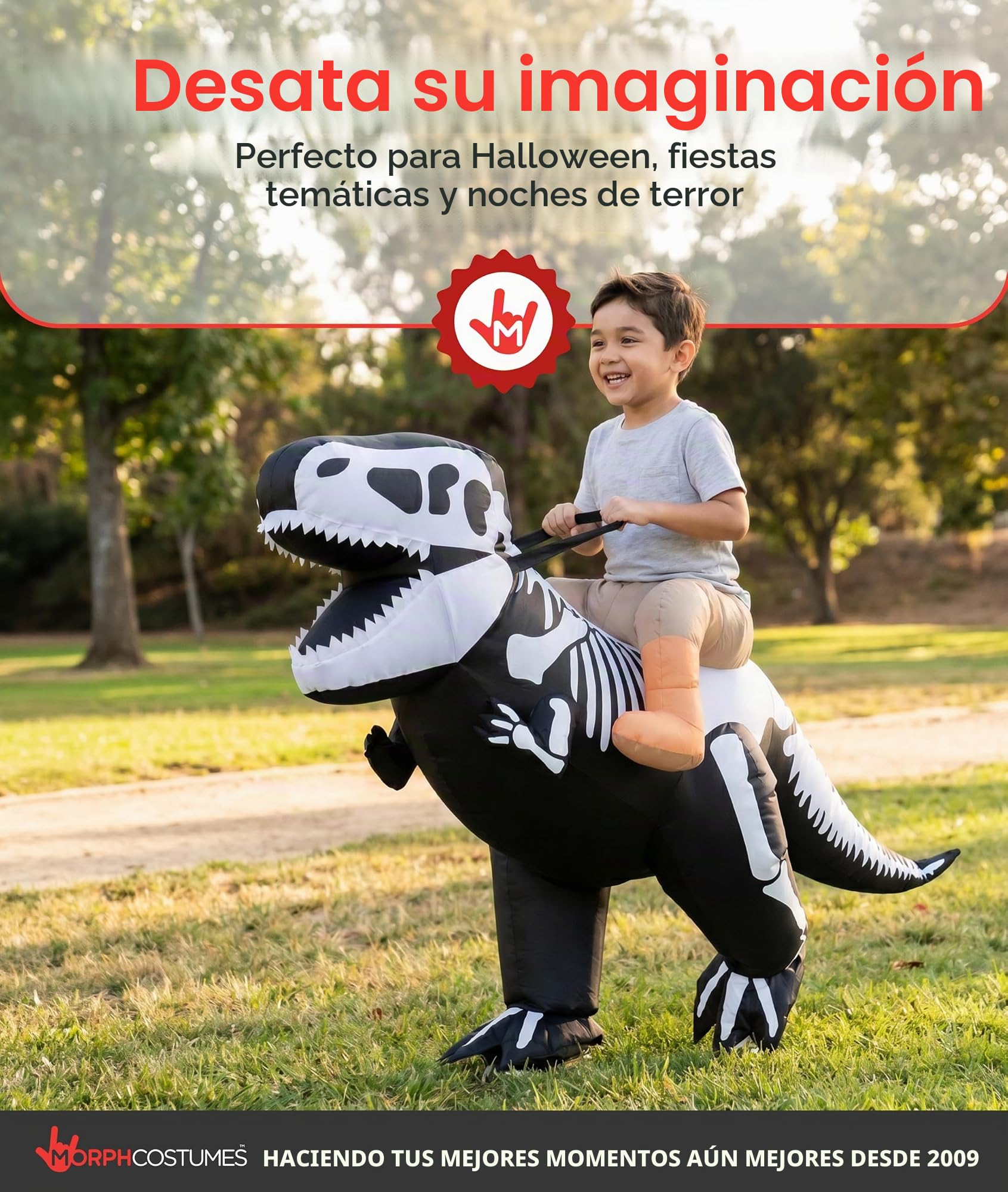 Morph Disfraz Dinosaurio Inflable Niño, Disfraz T-Rex Halloween Niño | Traje de Una Pieza para Montar, Esqueleto de T-Rex, Se Infla en Segundos, Perfecto para Halloween, Siempre un Éxito