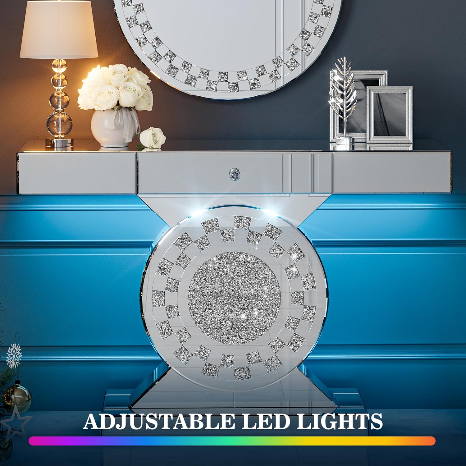 IKIFLY Set of 2 LED Mirrored Console Table with Round Decorative Wall Mirror, 47.2'' Silver Entryway Sofa Table with 27" Crushed Diamond Wall Mirror Set for Living Room, Hallway, Foyer and Entrance
