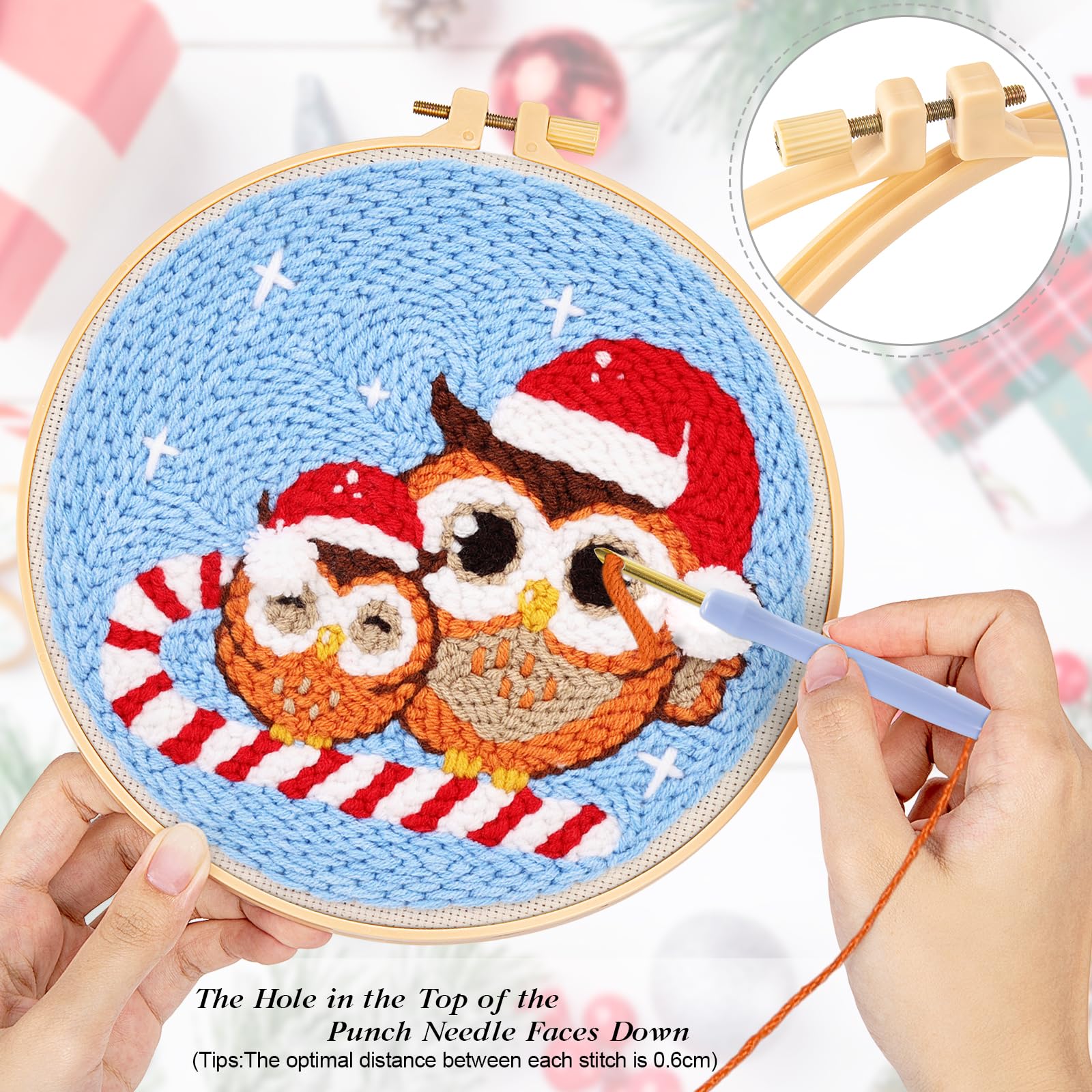 JSRQT Kit de Broderie Punch Needle Avec Motif Père Noël, Démarrage Pour Aiguilles à Poinçonner de Noël, Broderie à la Main Avec Cerceau et Tissu Pour Débutants