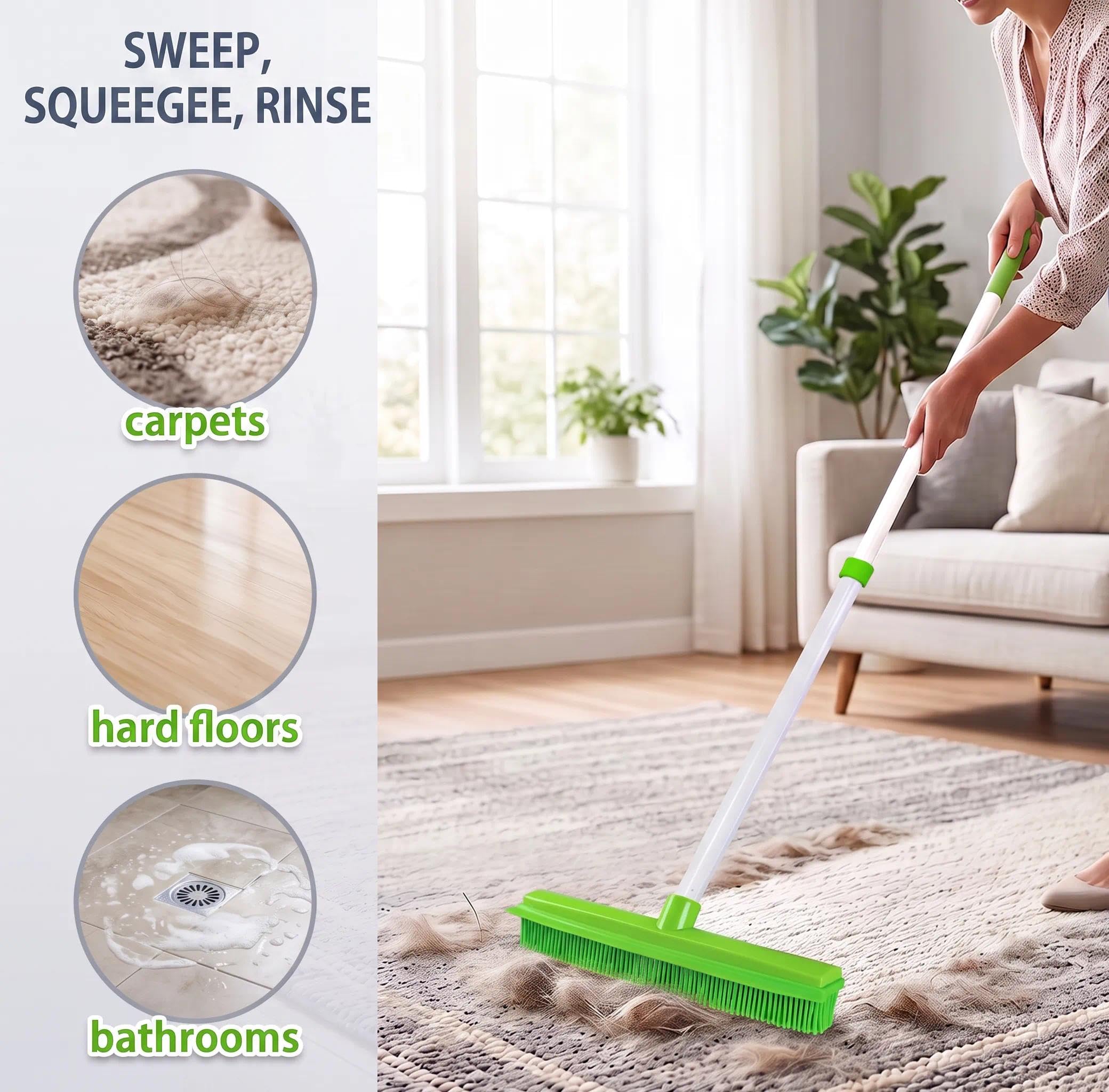 Balai en caoutchouc et brosse à poils d'animaux domestiques, manche long télescopique, balai poussoir en caoutchouc souple, balai avec raclette, balai d'épilation d'animaux et brosse pour tapis, chat