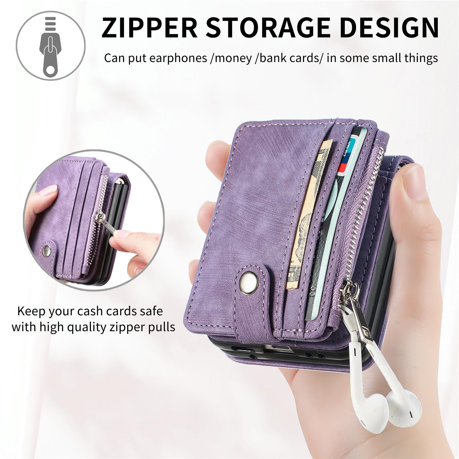 Custodia per Samsung Galaxy Z Flip 5 con Porta Carte di Credito Staccabile, Custodia a Portafoglio con Cerniera in Pelle PU Antiurto Protezione Durevole Cover per Samsung Galaxy Z Flip 5 5G 2023