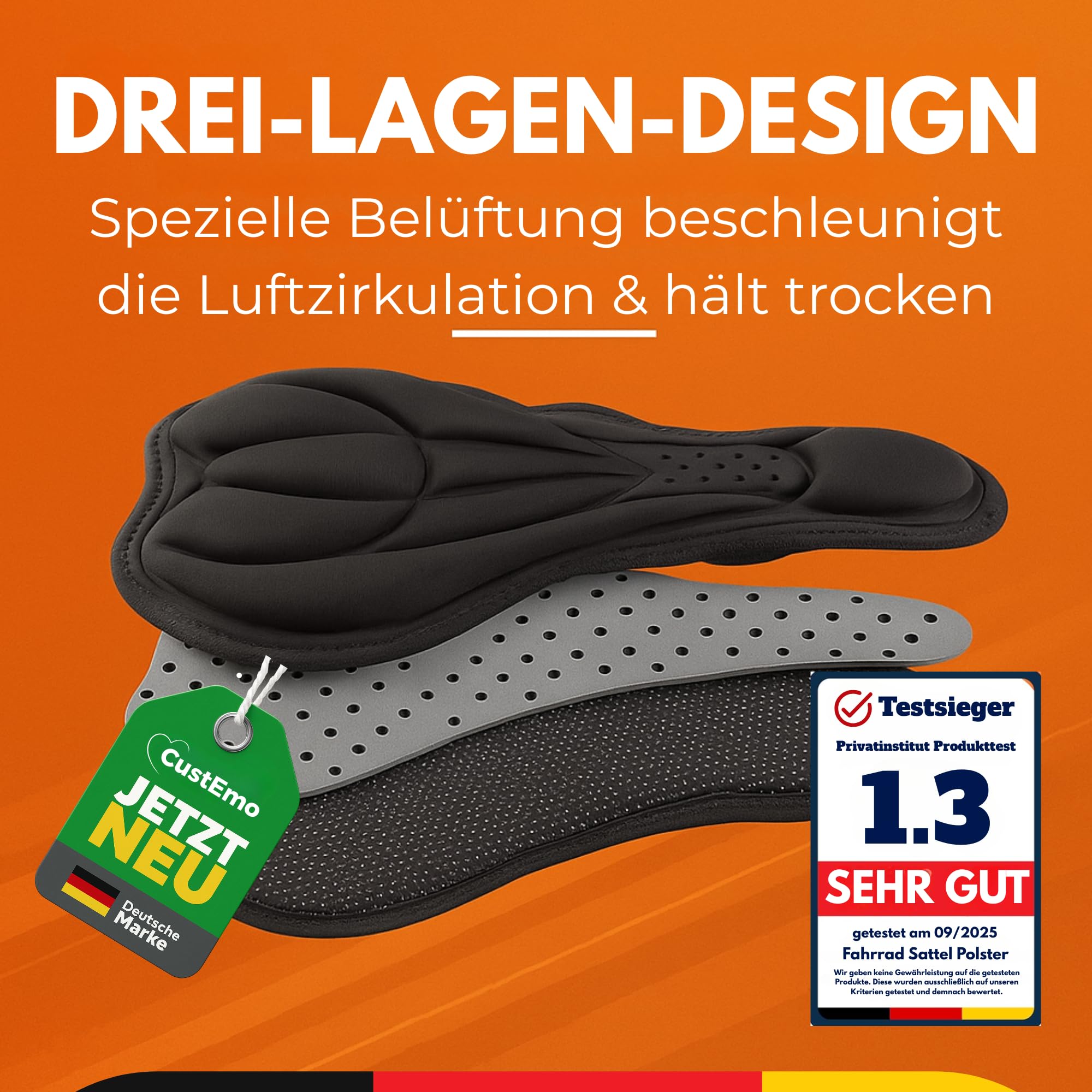 CustEmo® Fahrradsattel Überzug Polster mit Memory Foam - Sattelbezug Fahrrad - Sattelüberzug gepolstert I Fahrradsitz Polster für Damen & Herren,