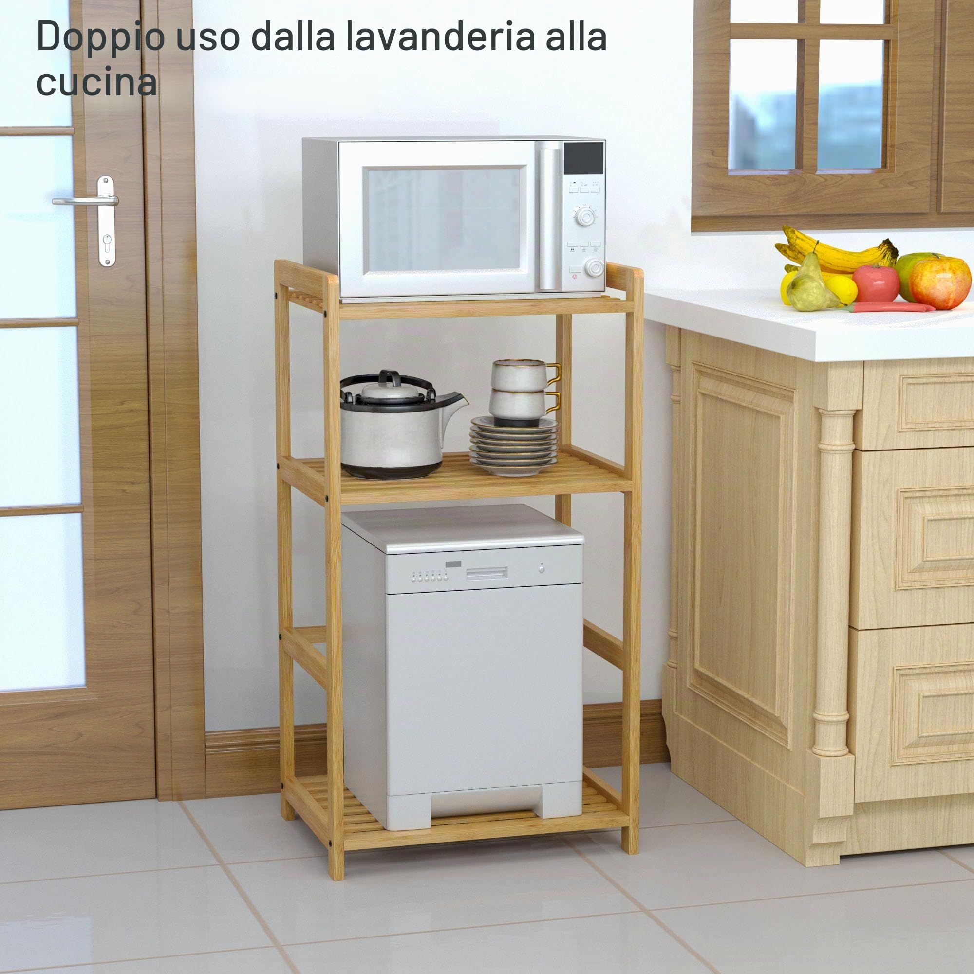 Porta Biancheria Sporca, Bambù, Cesto Biancheria, 80X43X33cm, Scomparti da 50L, Mobile Portabiancheria per Bagno, con 2 Ripiani