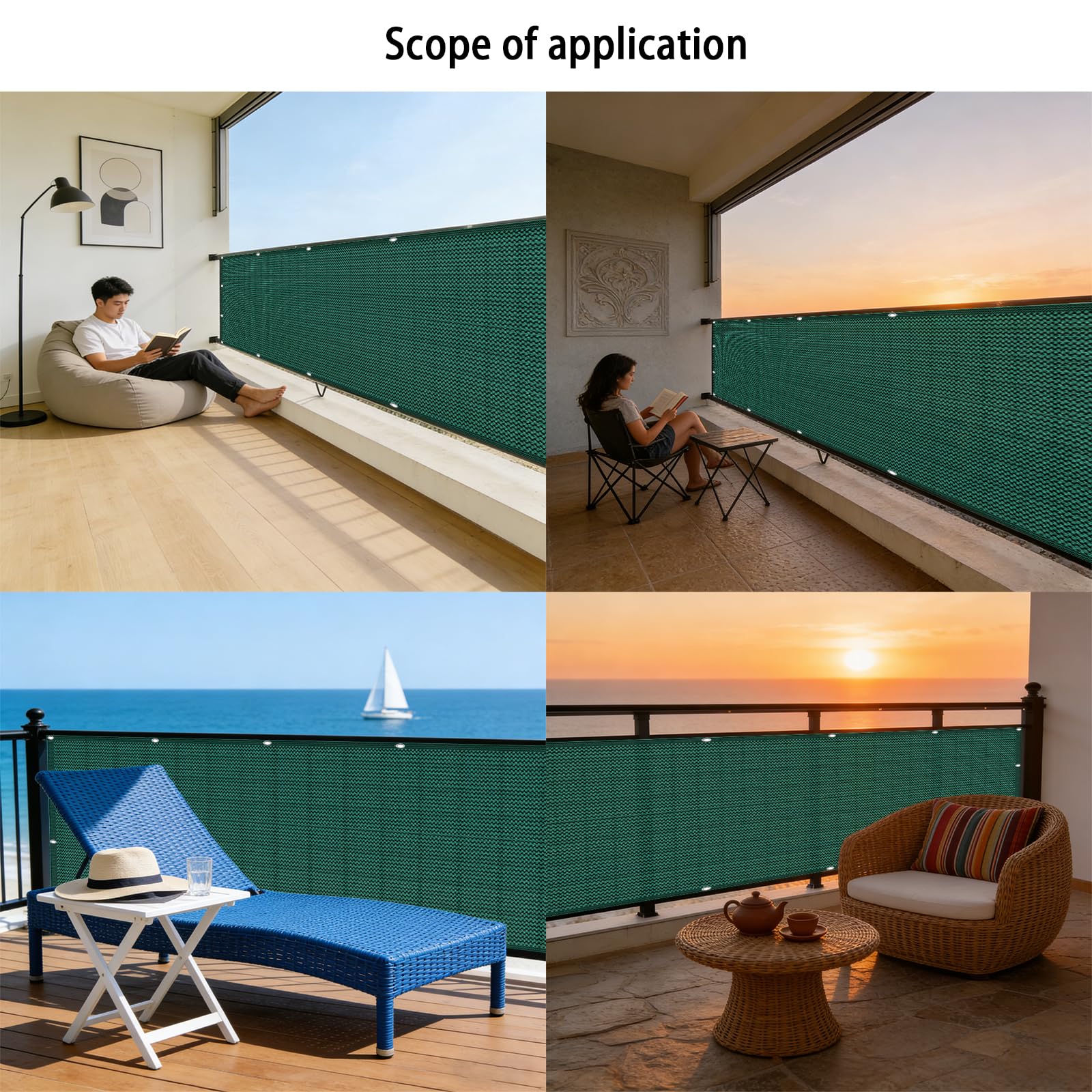 Copri Balcone 170 x 750 cm in HDPE 220G ㎡, Frangivento, Protezione Solare, Permeabile, Anti-Uv, Frangivisto Balcone Protezione con Fascette e Funi para Exterior Terraza, Verde