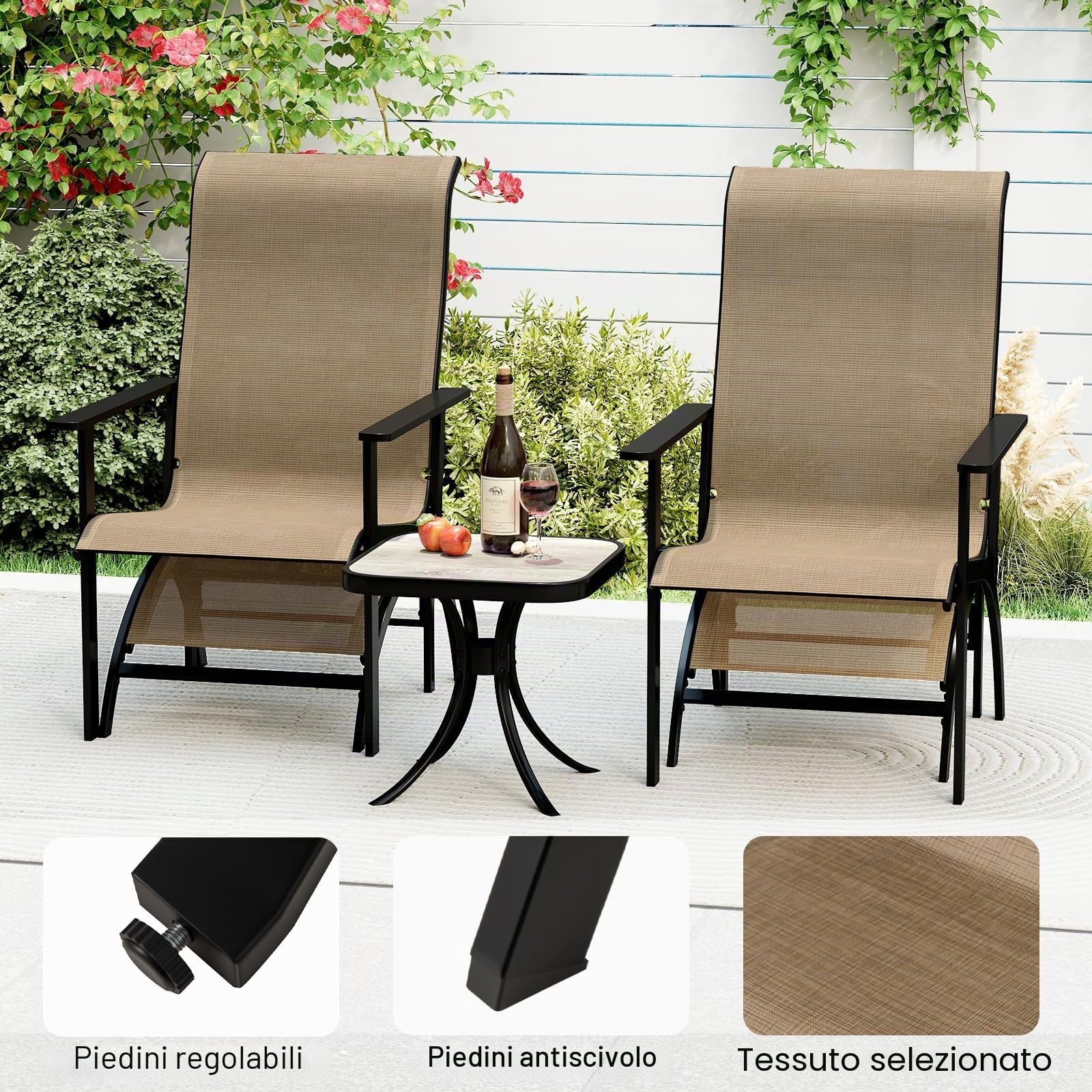 KOMFOTTEU Set di Mobile da Giardino in 5 Pezzi, Set Tavolo e Sedie da Balcone in Tessuto Textilene, Set da Bistrò con Tavolo, 2 Sedie Adirondack e 2 Poggiapiedi per Terrazza, Bordo di Piscina, Marrone