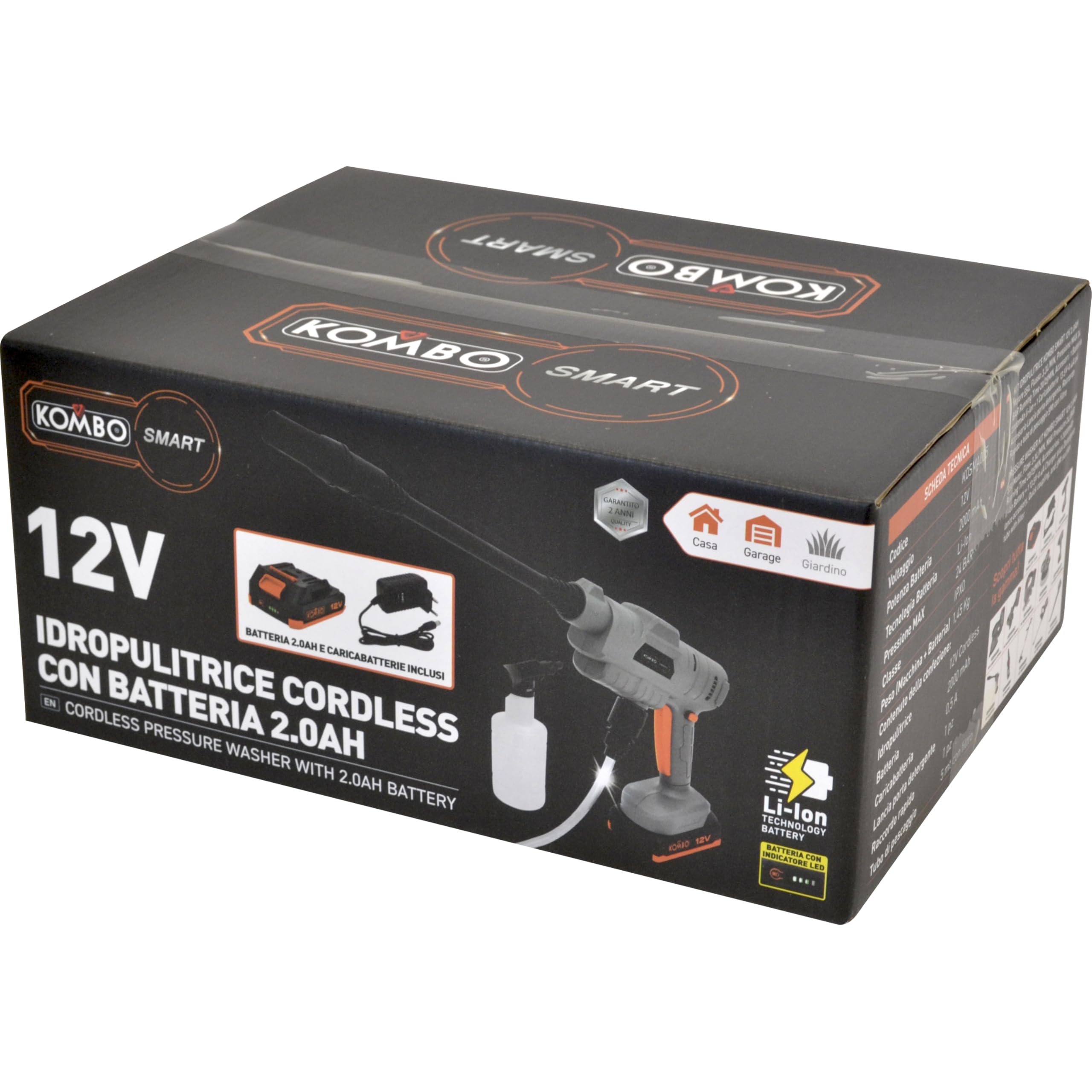 KOMBO Smart – Hidrolimpiadora de 12 V con batería 2.0 Ah, presión 24 bar, 3,3 l/min – Kit con lanza, manguera y accesorios – Para limpieza de terrazas, jardín y coche
