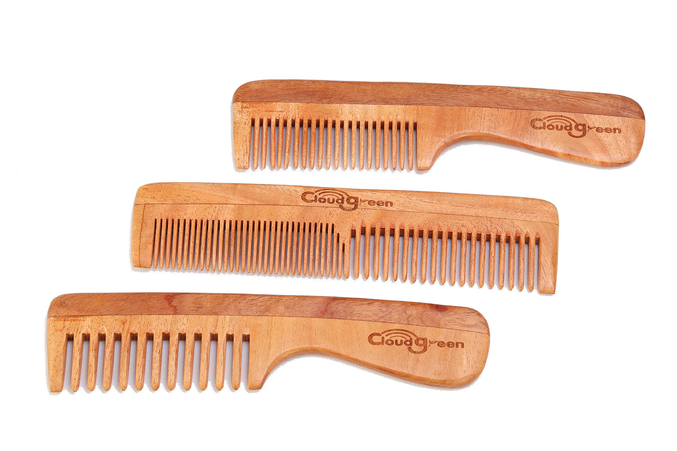 CloudgreenPremium Pure Neem Wood Combs Set of 3 for for Strong and Shiny Hair for All hair Types Regular handle/Regular 2 in 1/ Wide Tooth Handle Combs