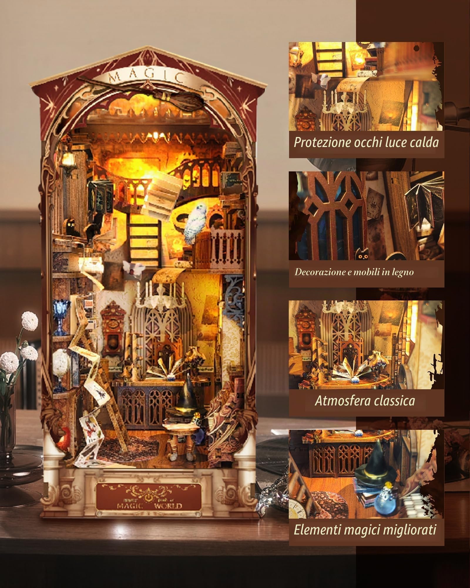 CRIOLPO DIY Book Nook Model Kit Case delle bambole, Reggilibri Scaffale Inserto Decorazione con Luce LED,Kit di Costruzione di Modellini in Legno per Casa delle Bambole Fai-da-Te per Adolescent