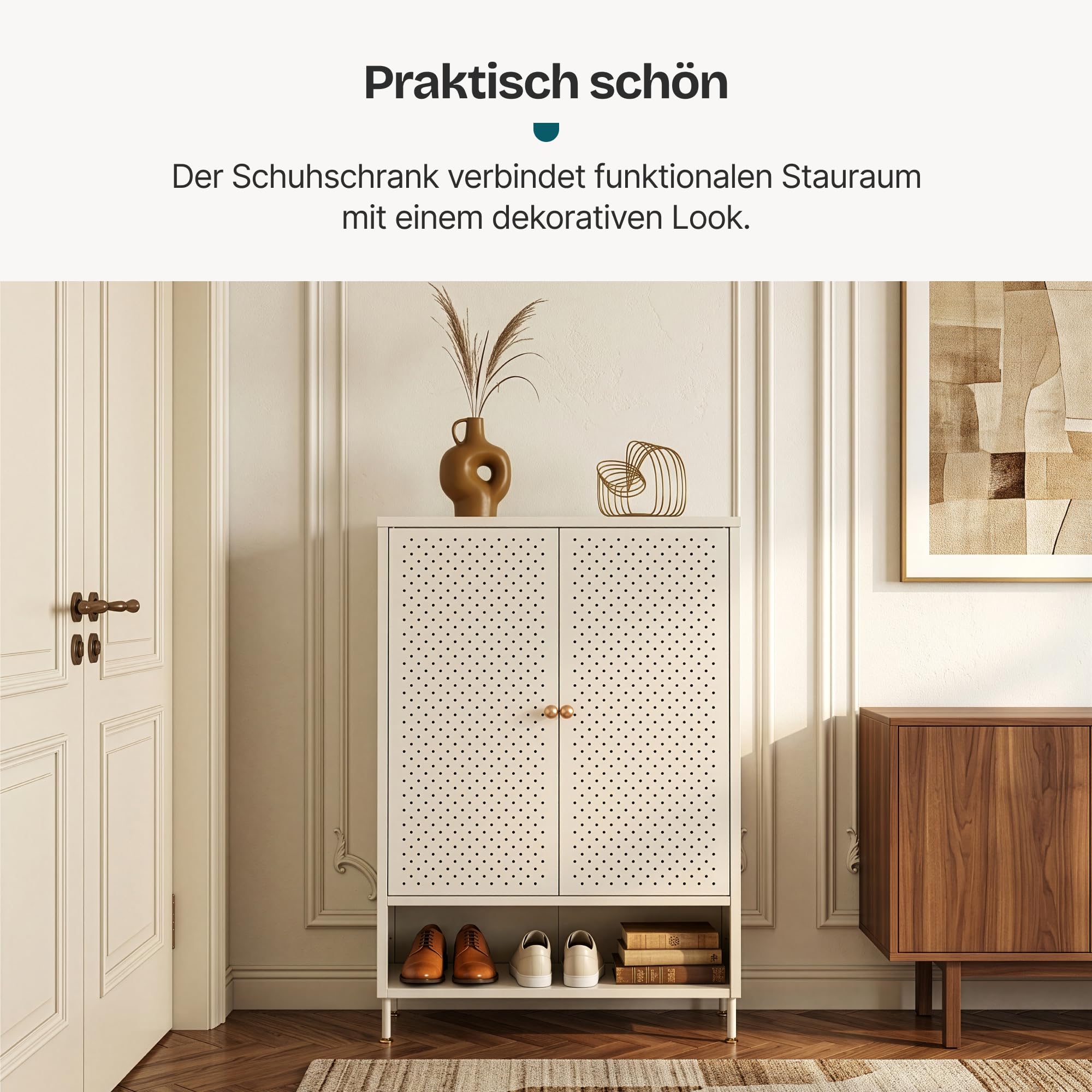 [en.casa] Schuhschrank Coleraine mit 2 Türen Schrank schmal mit offenem Fach Flurschrank 3 Ebenen höhenverstellbar Schuhkommode Metall Schuhaufbewahrung 115 x 80 x 35 cm Cremeweiß