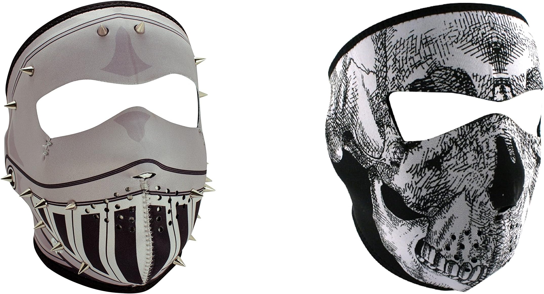 Bundle (2 Items): 1 Balboa Mfg 'Knight' Full Face Neoprene Face Masks with Metal Spikes -AND- 1 Zan, Tactical 4.0mm Thick, 'Black & White Skull' Full Face Neoprene Face Masks, Ski Mask