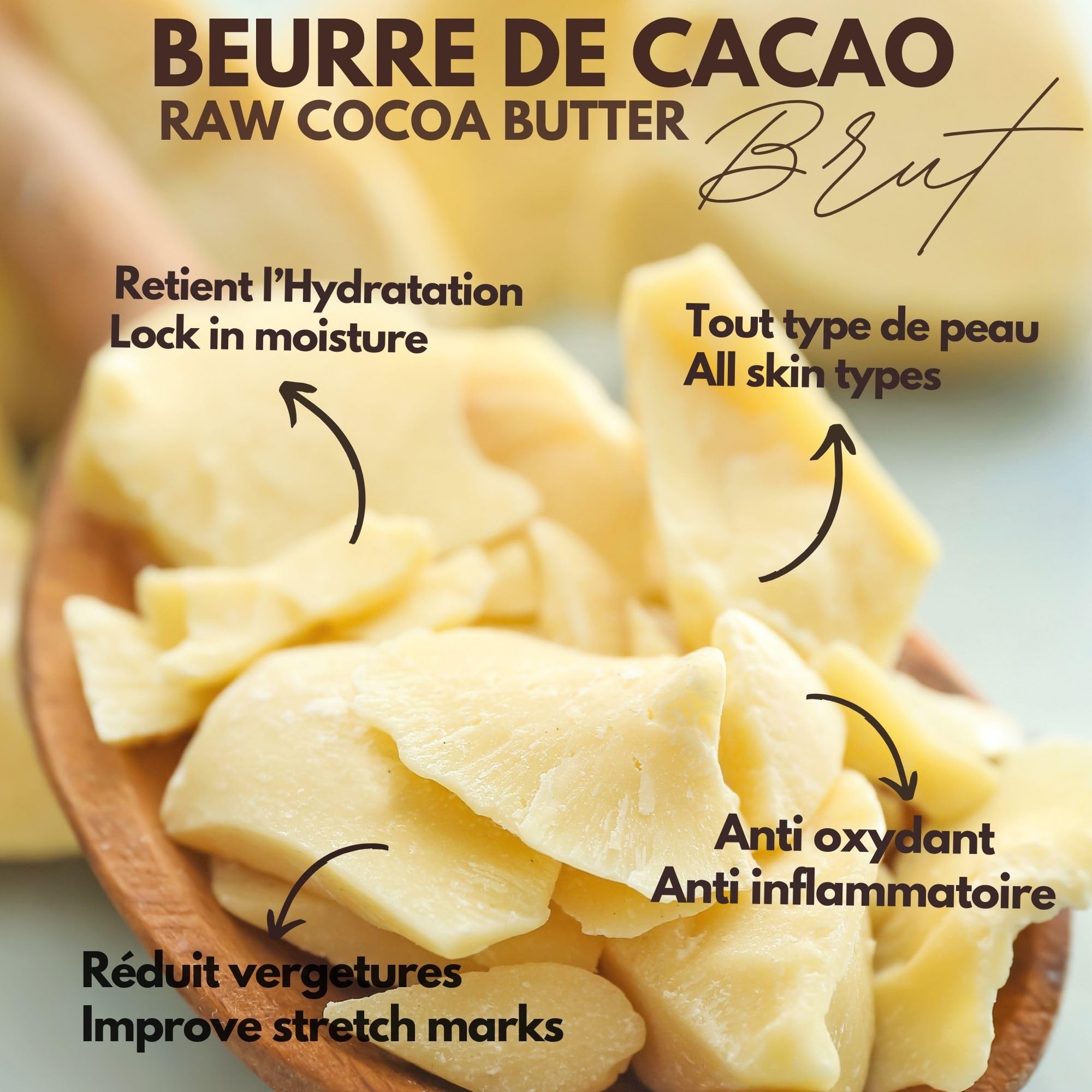 1kg Beurre de cacao brut, pur, 100% naturel, non raffiné - De Côte d'Ivoire - Non OGM - Riche en Antioxydants et Acides Essentiels Sans Additifs - Cheveux Corps - Anti Rides - Relaxation - Massage