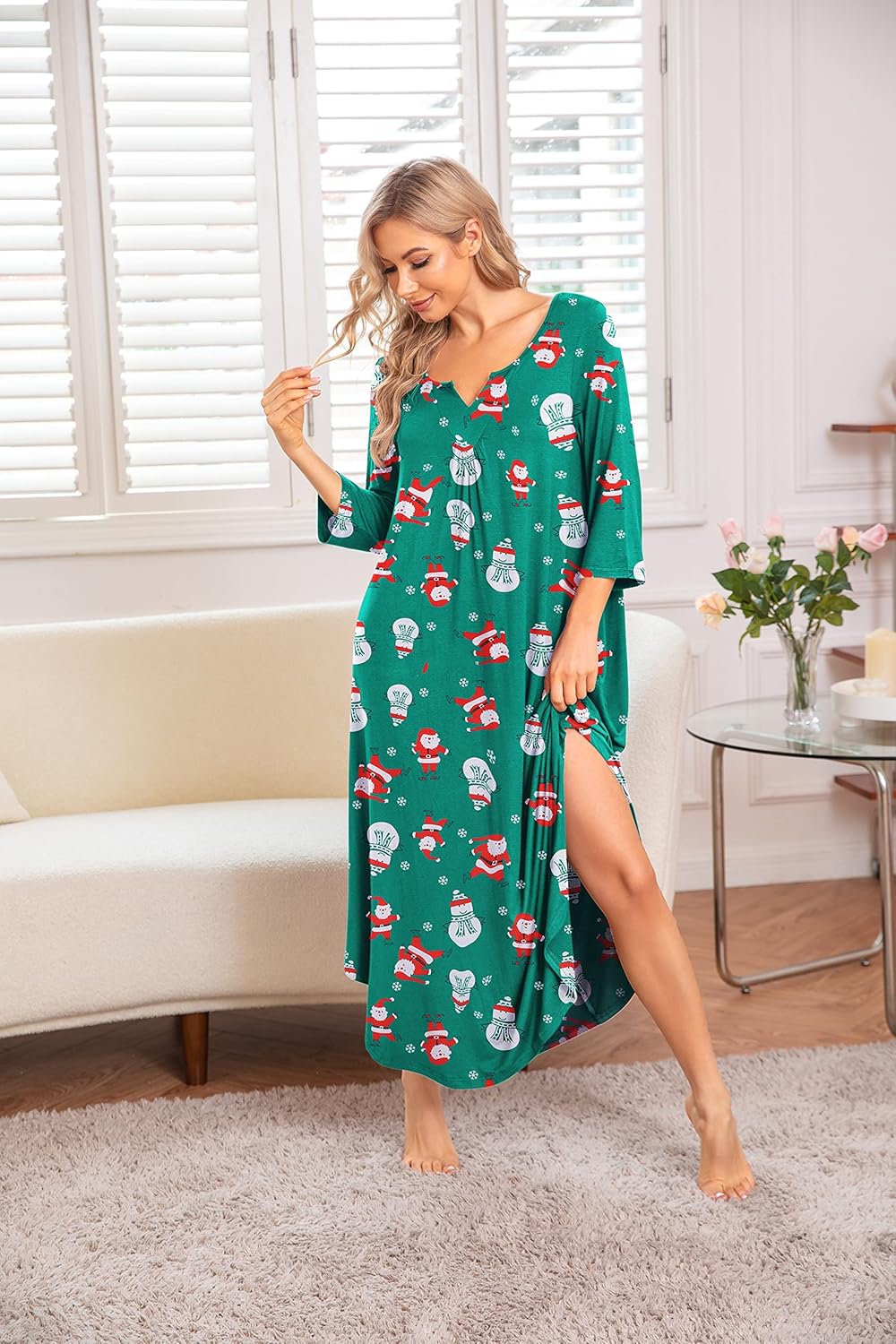 Ekouaer Long Nightgown for Women 3/4 Sleeves Nightshirt Maxi Sleep Dress Plus Size Loungewear Full Length Sleepwear
