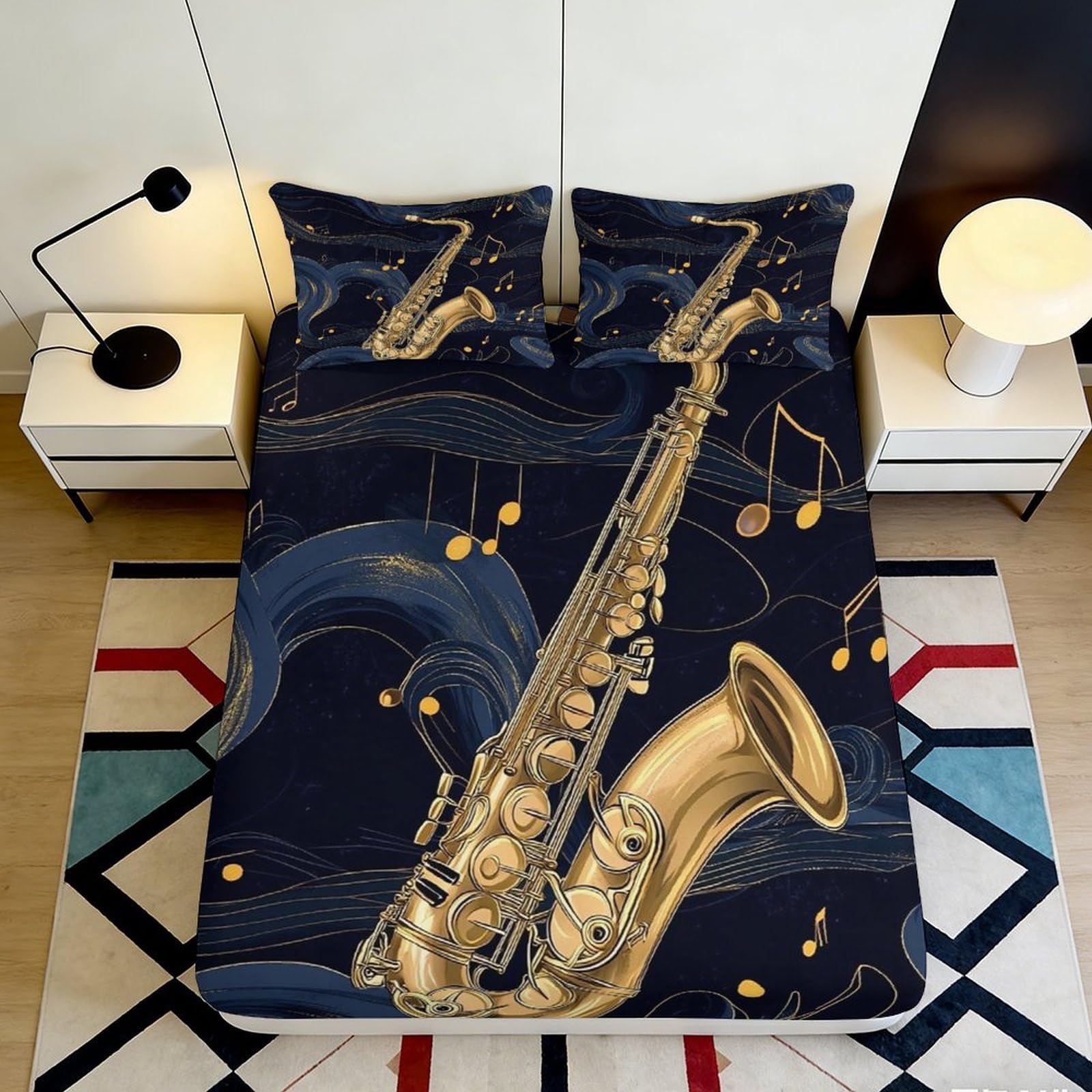 3D Printed Saxophone Music Notes Fitted Sheet Microfiber Soft Breathable Jazz Pattern Bed Cover for Bedroom Dormitory Guest Room Mattress Protection 140x200x25cm