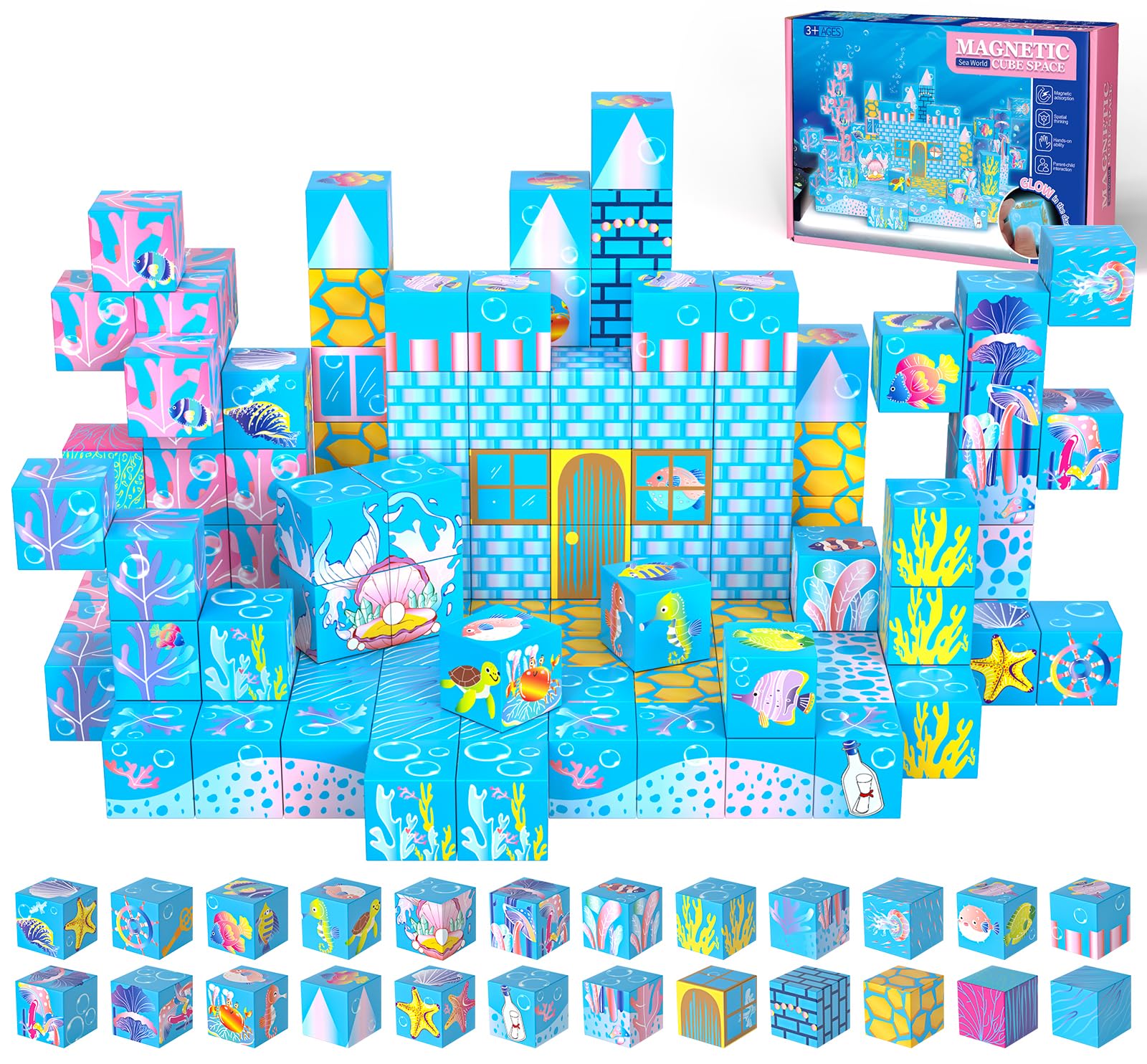 OOIEWPQ 140PCS Magnetic Building Blocks for Kids, 2026 Upgraded Light-Up Ocean World Magnet Cubes Set, STEM Building Toys for Boys Girls Toddlers Ages 3 4 5 6 7 8-12 Holiday Birthday Gifts
