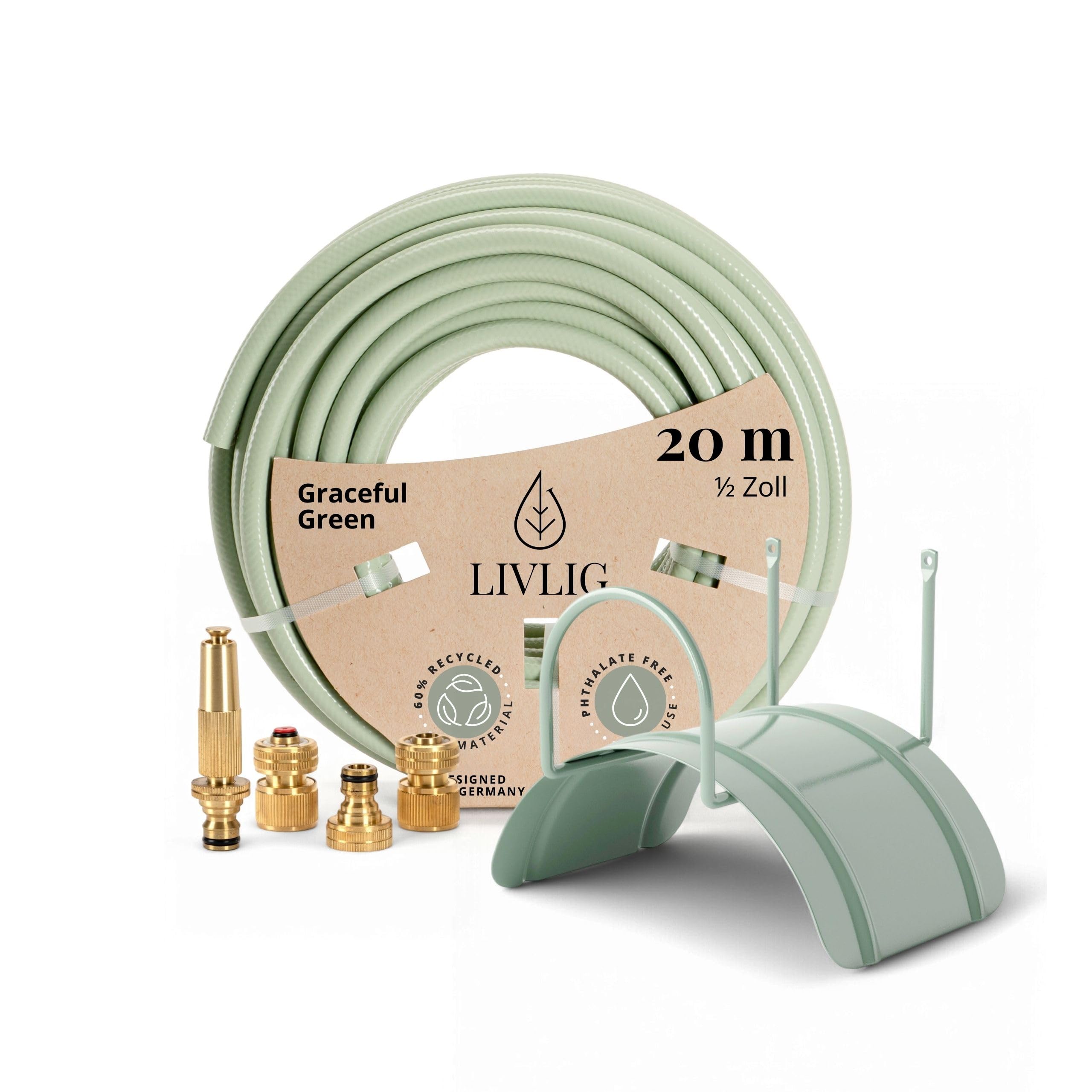 LIVLIG Gartenschlauch Set 20 m– Gartenbewässerungs-Komplettset mit 1/2 Zoll Wasserschlauch, Wandhalterung aus Stahl & Messing-Gartenspritze – Schlauch Set 20m inkl. Kupplungen, Grün