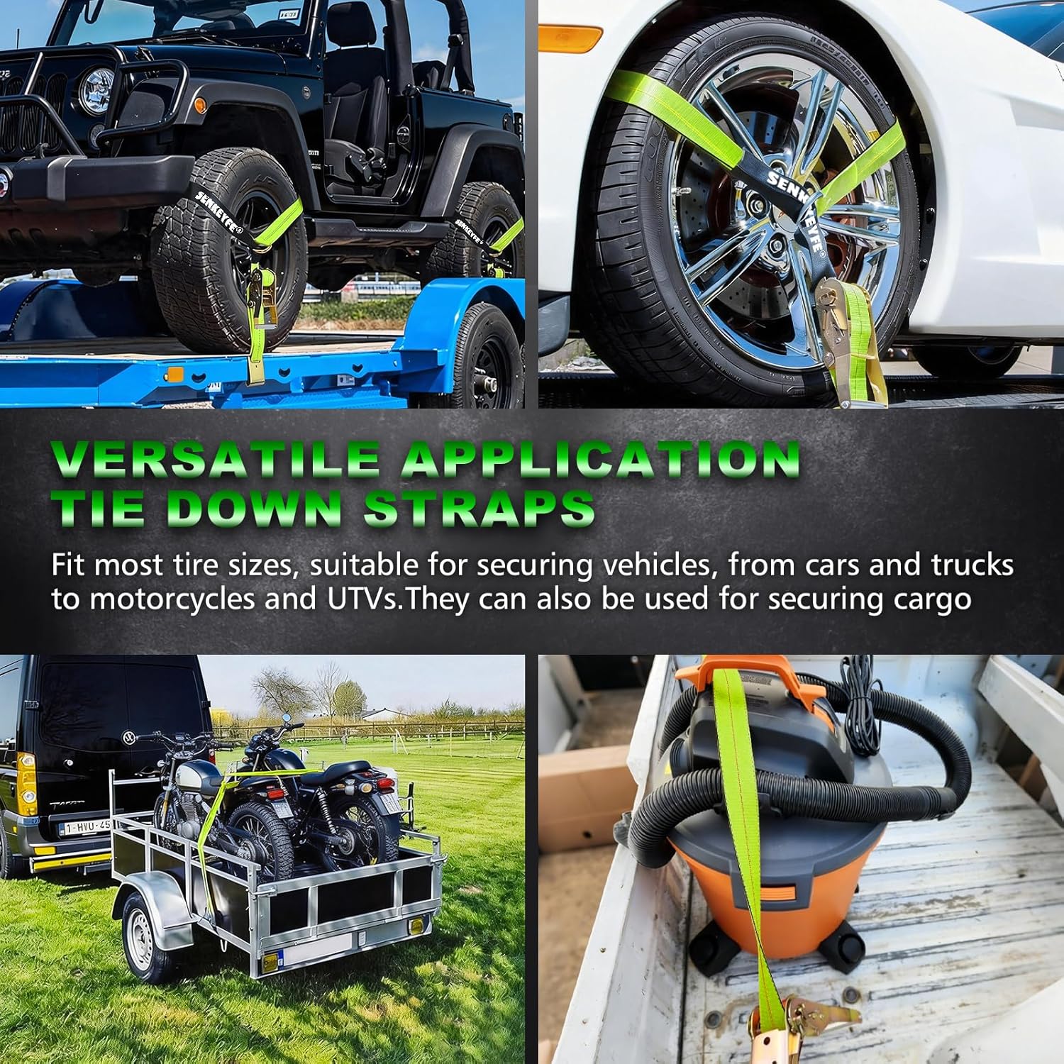 4 Pack Car Hauler Tie Down Straps for Trailers 9900LBS, 2" x 96" Lasso Style Adjustable Wheel Straps w/Chain Hook Anchors, Tire Ratchet Trailer Tie Down Strap (4 Ratchets & 4 Tire Straps)