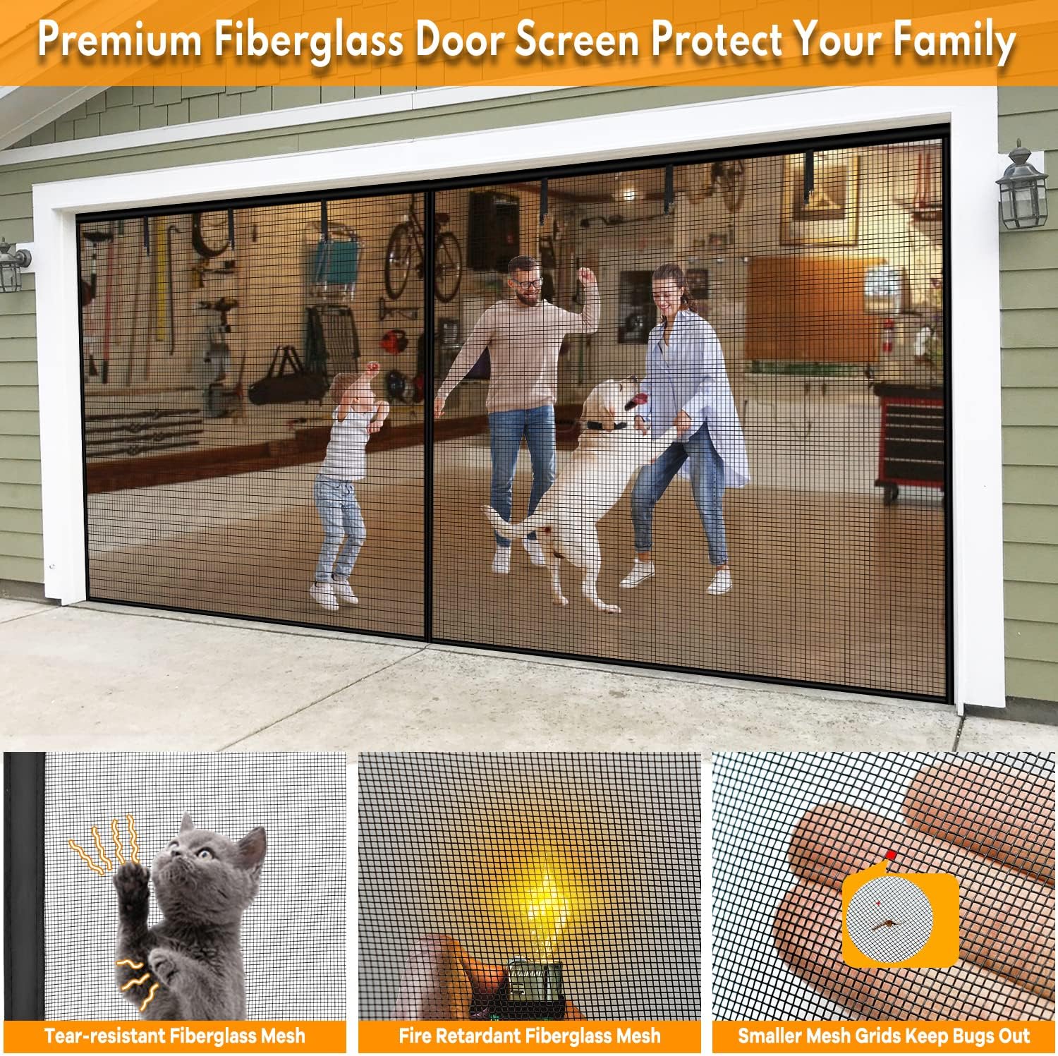 Garage Screen Doors for 2 Car - 16x7 ft Heavy Duty Self Sealing Magnetic Fiberglass Mesh with 6 Roll Up Starps