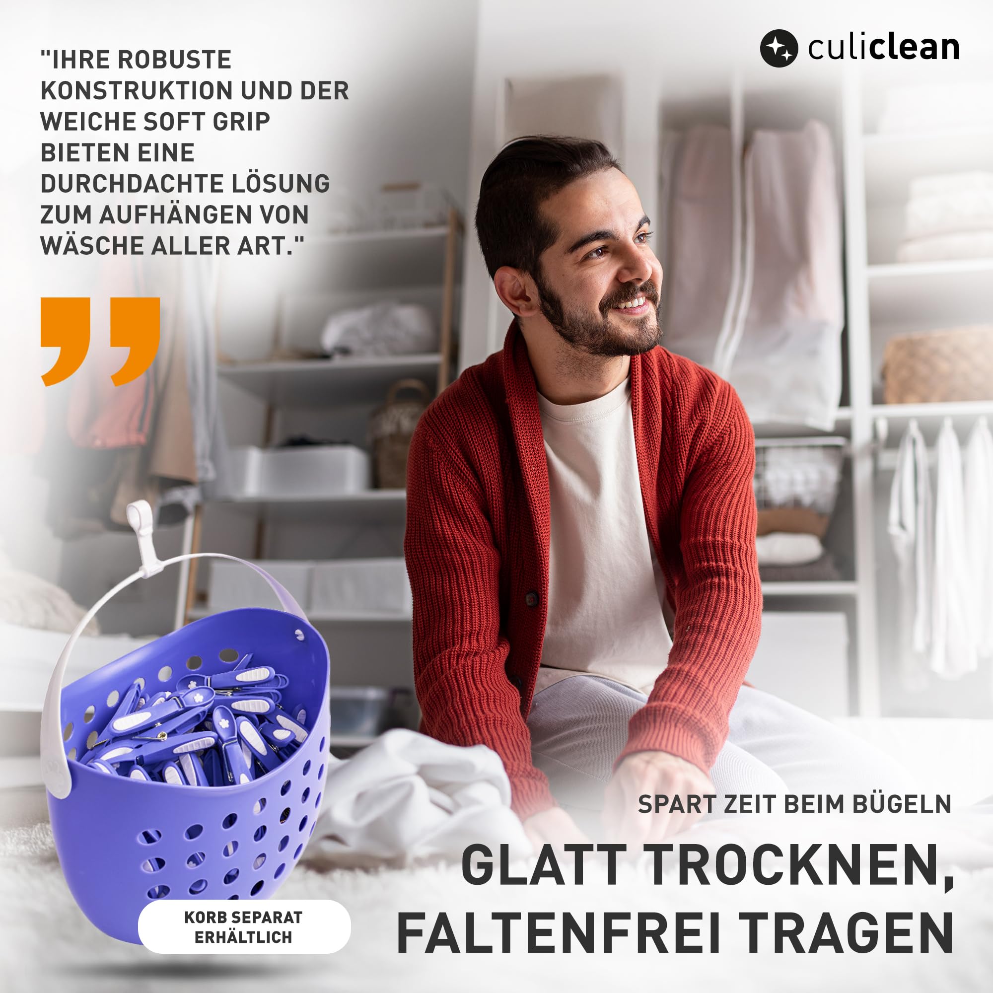 culiclean Wäscheklammern mit Korb, 48x + 1 Korb, schwarz-Weiss | Klammerkorb und Wäscheklammer Blume, stabile Kluppen mit Softgrip, 80 mm, windfest, UV-beständig, BPA-frei, Made in France