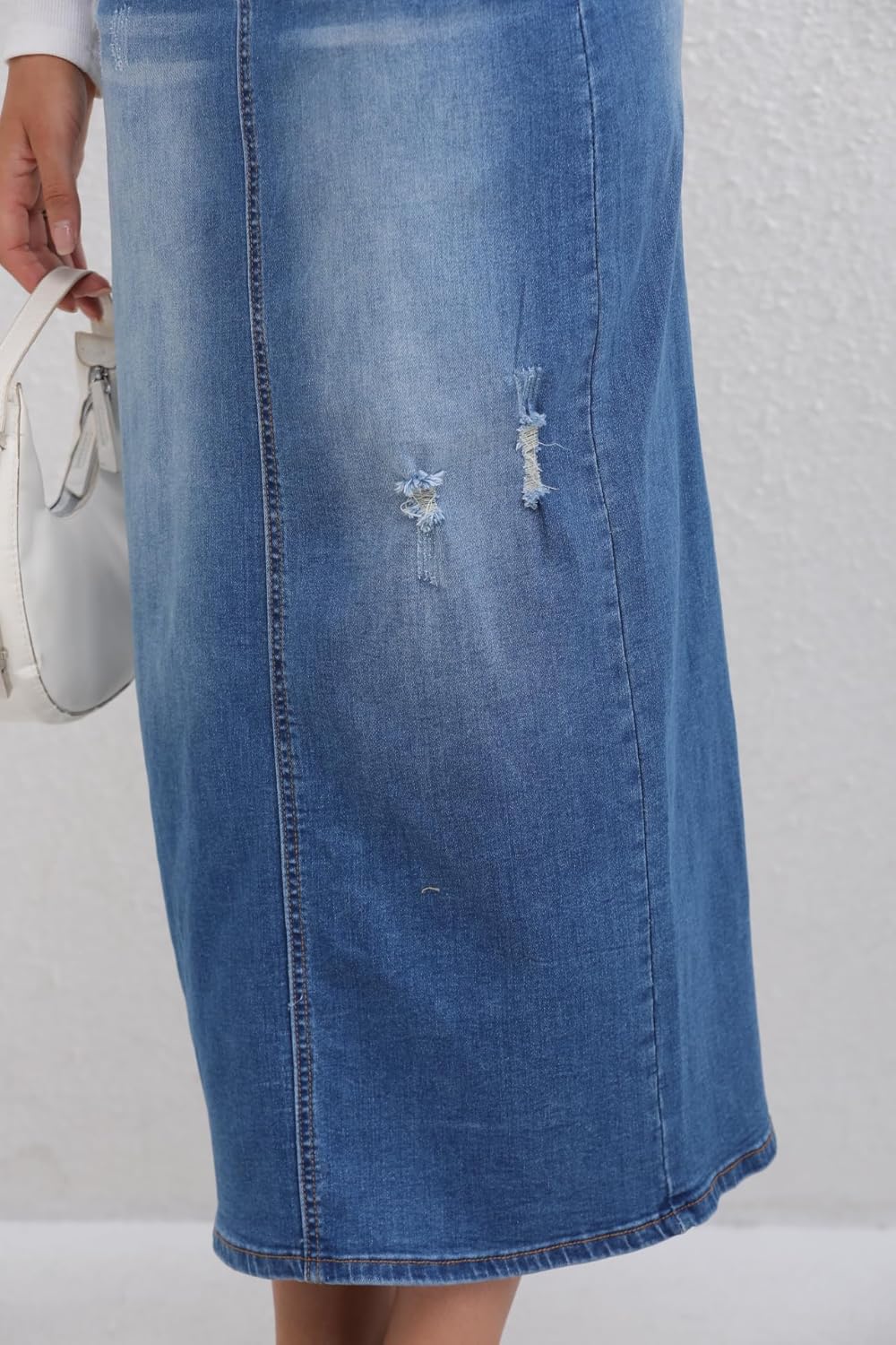 Women's High Waisted Long Denim Skirt with Back Slit Distressed Holes Stretch Whisker Wash - Image 8