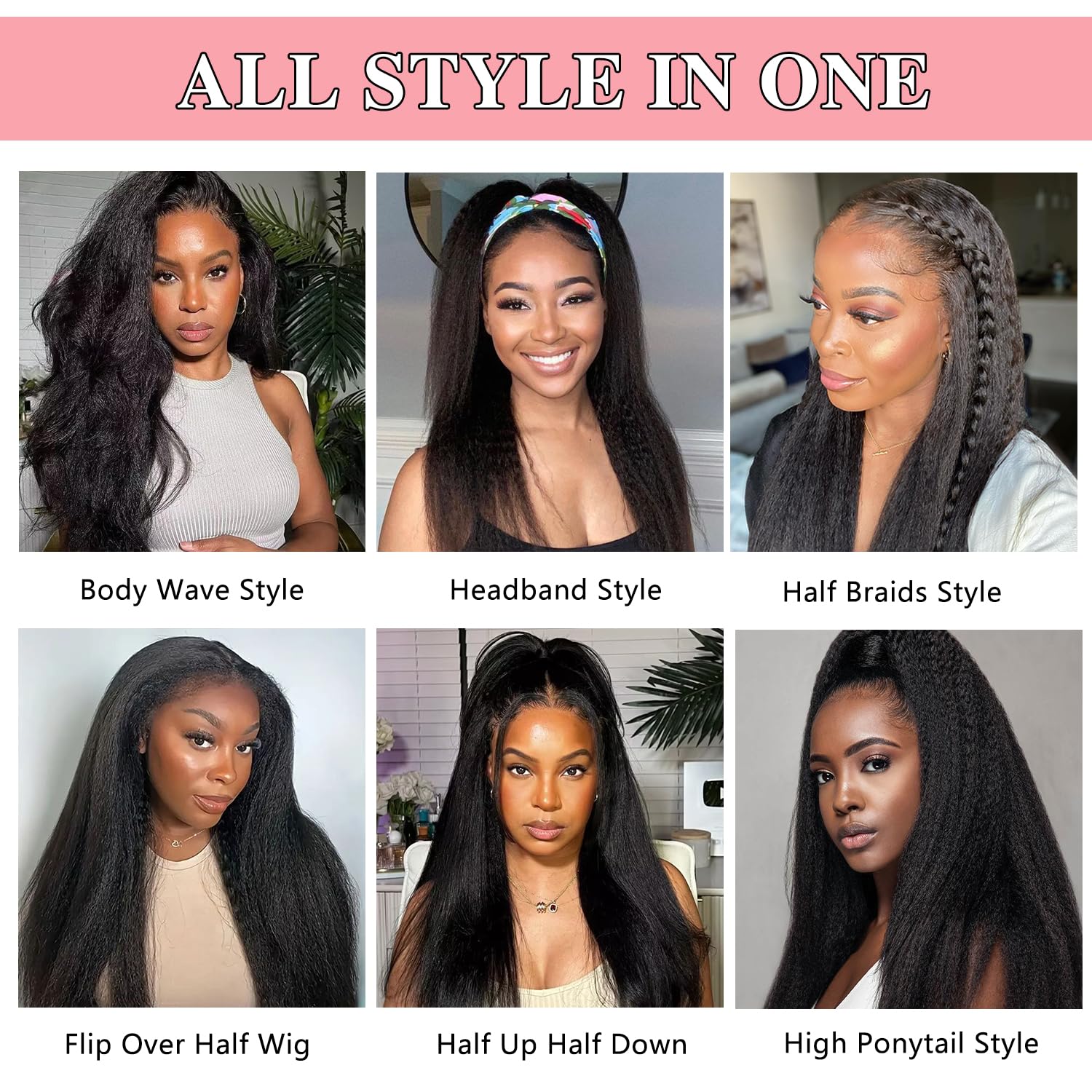 Nvnvdij Kinky Straight Half Wig Human Hair Glueless Wear Go Wig with Drawstring Invisible Hairline Beginner Friendly Human Hair Wig for Black Women Natural Black 20 Inch